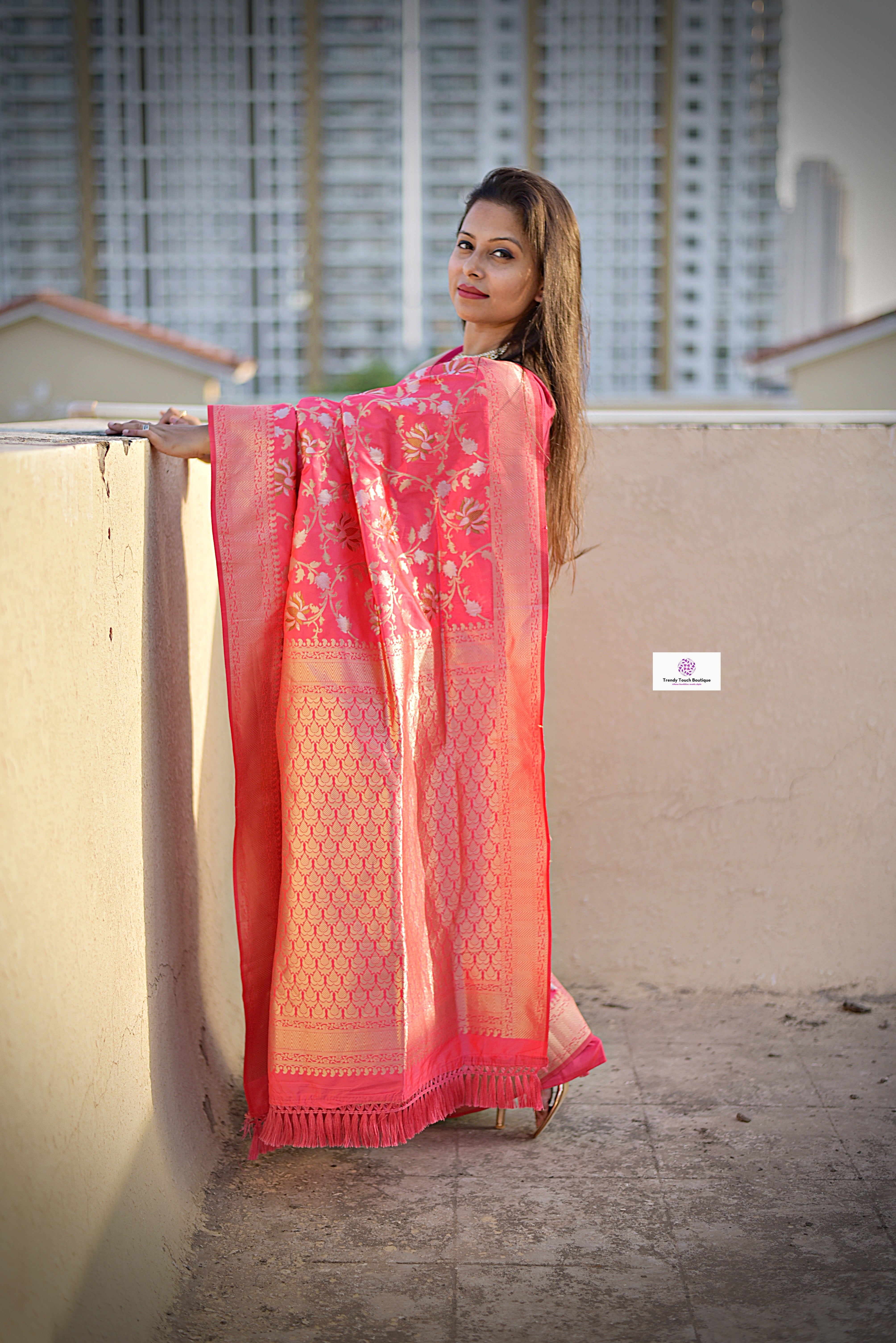 fiery pink gold silver zari work tassle pallu banarasi silk saree affordable price with blouse piece designer party wear wedding function celebration saree