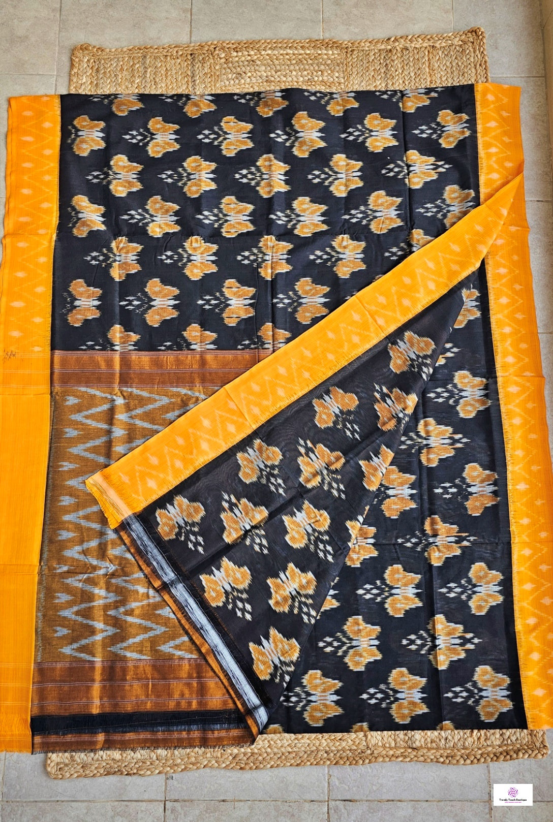pochampally ikkat cotton handloom saree for office and casual outing summer special in black and orange with ikkat blouse piece