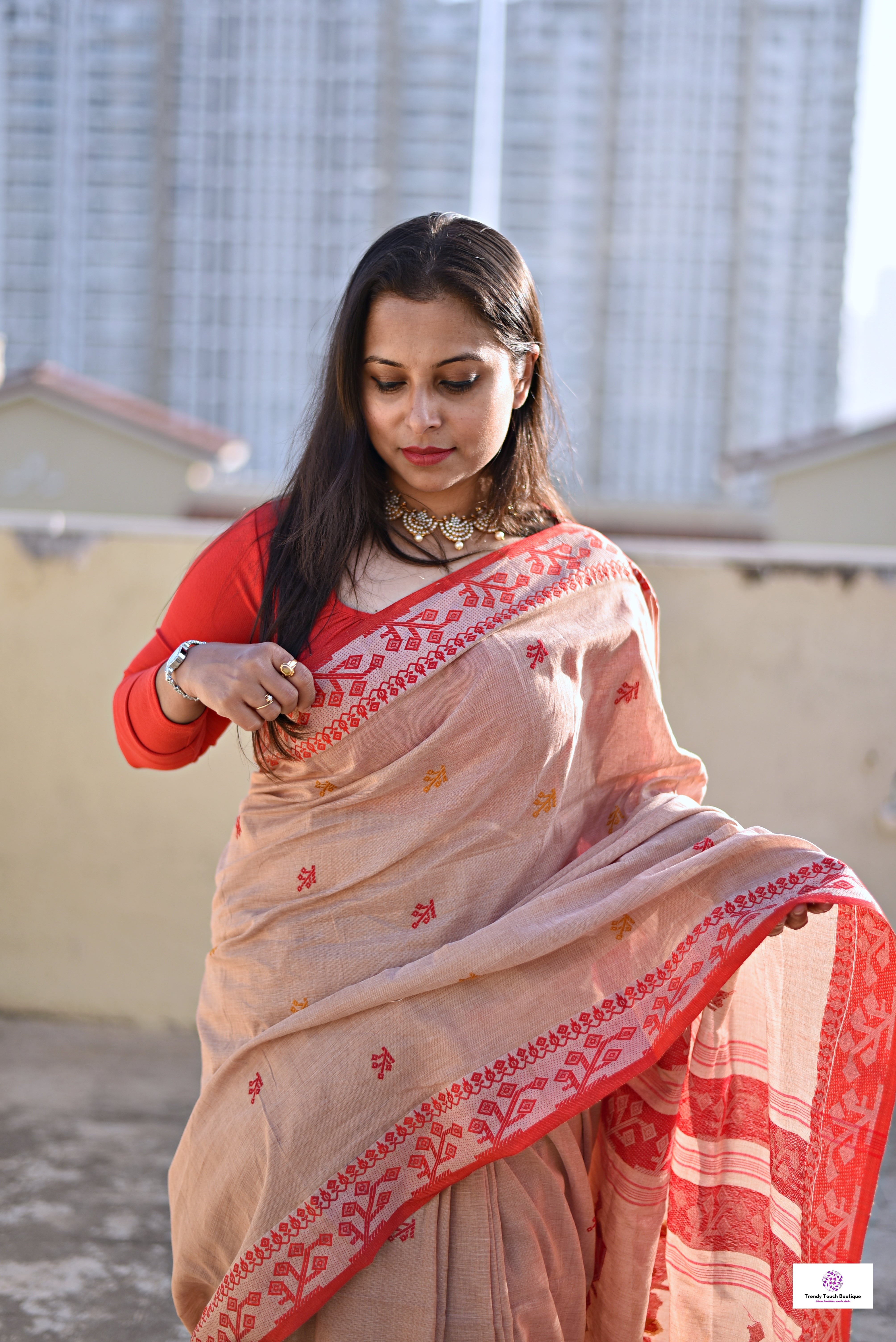 phulia pure Bengal cotton handloom saree lightweight regular wear, office wear, puja and temple visits, casual ocassions, with blouse piece best price brown red and yellow