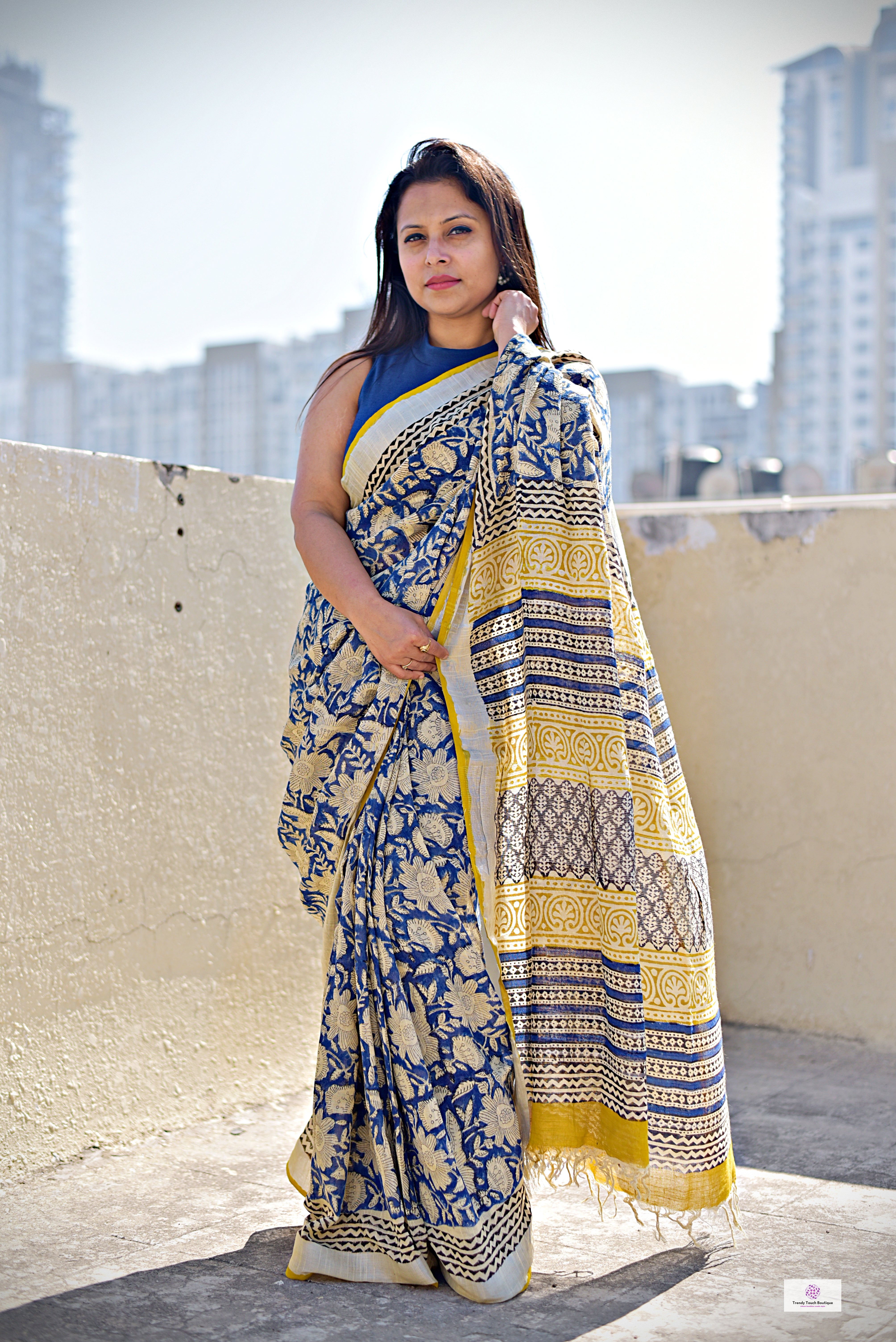 best summer handwoven handloom fabric handblock print organic slub linen saree yellow blue color at best price online with blouse piece for office wear or everyday styling!