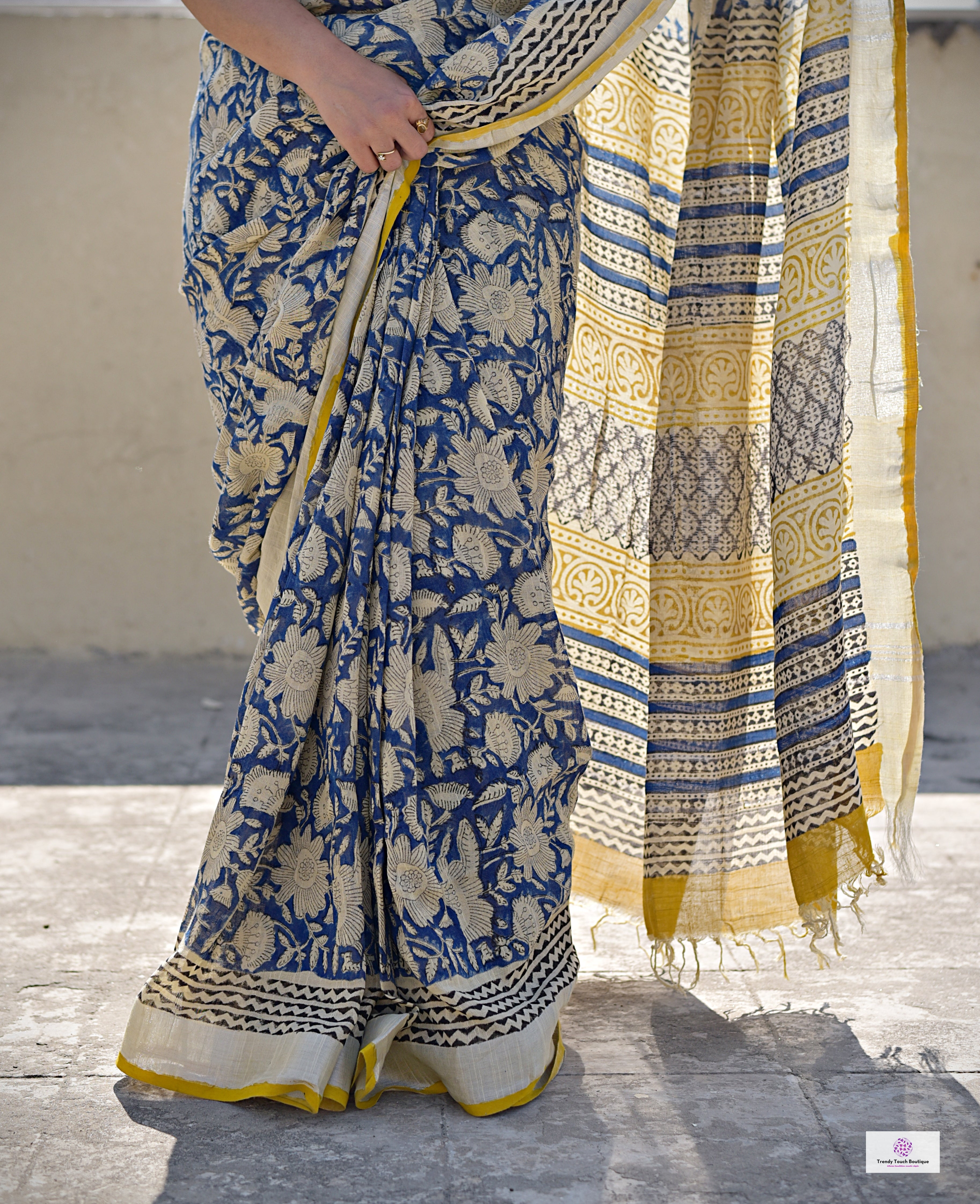 best summer handwoven handloom fabric handblock print organic slub linen saree yellow blue color at best price online with blouse piece for office wear or everyday styling!
