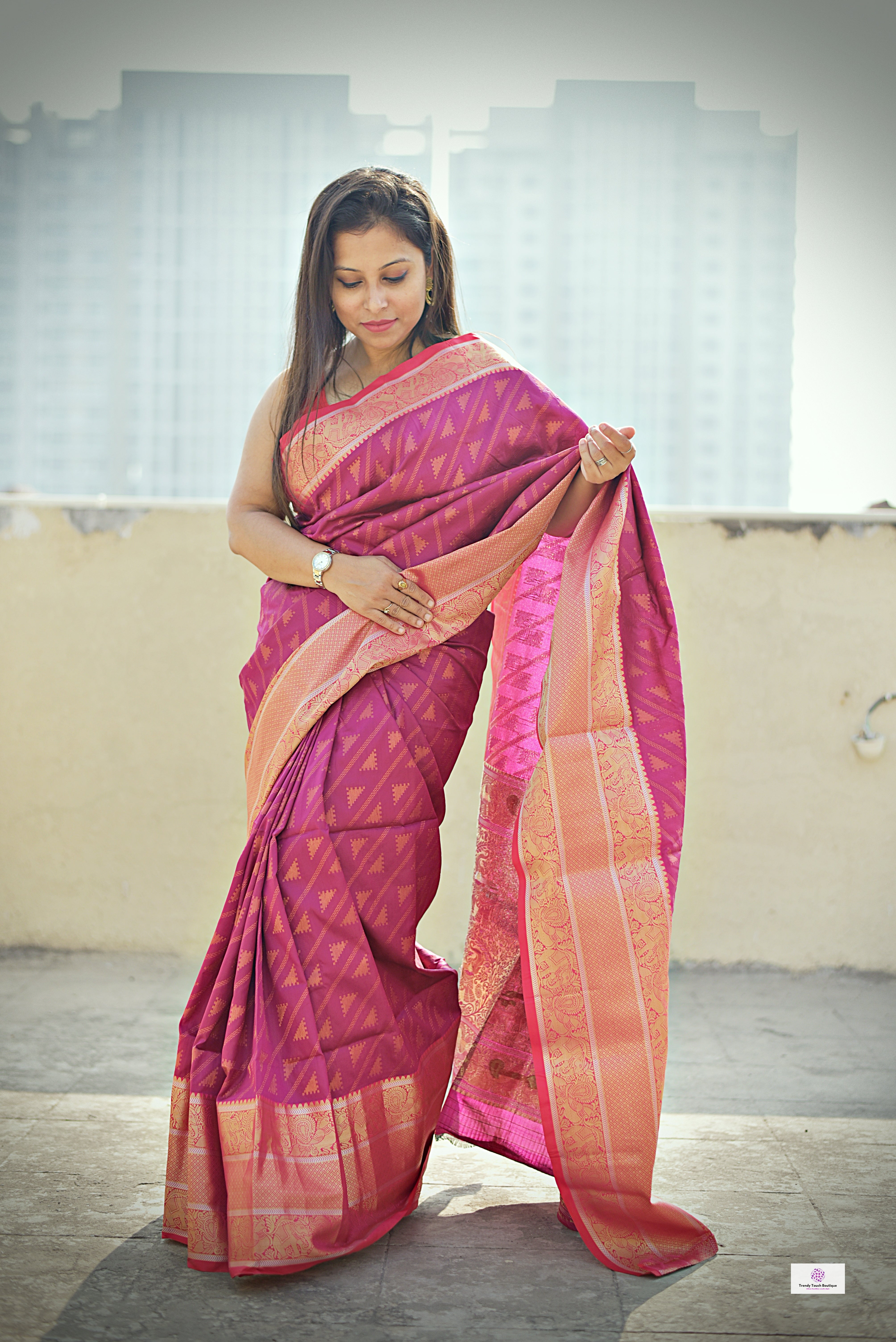 Kanjivaram styled pink copper zari work party wear special occasion saree for wedding function or bridal gift