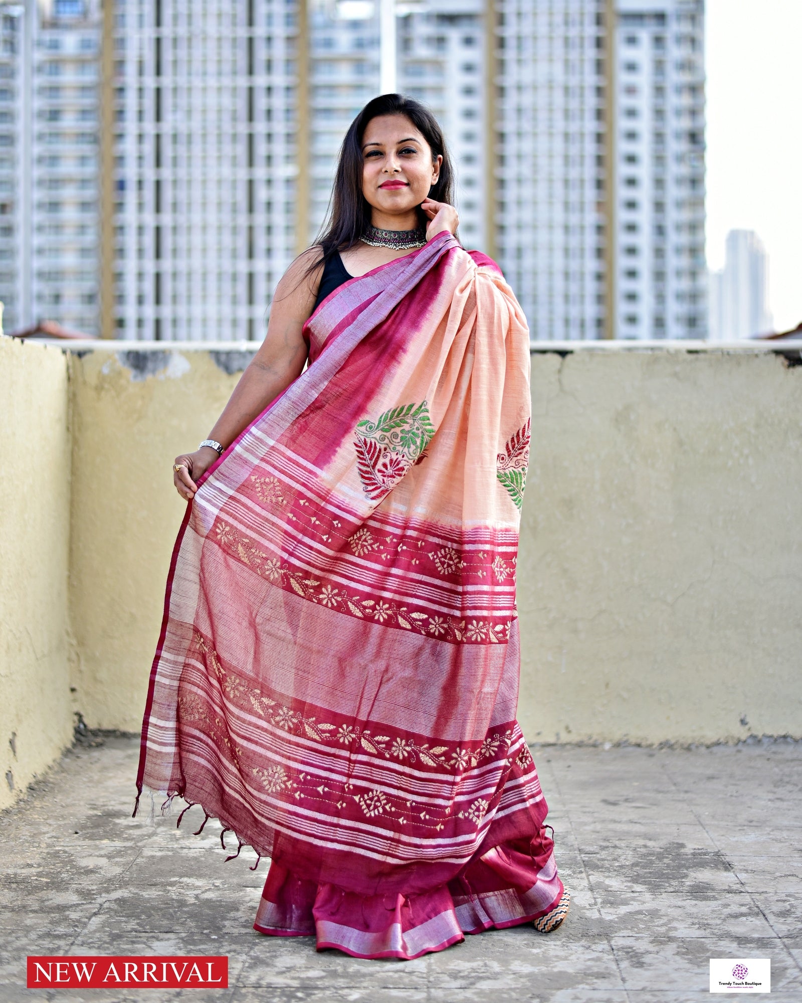 kantha handembroidery on a tie and dye maroon and chandan color linen with green and maroon thread. Best for office and casual styling with blouse piece and best price.