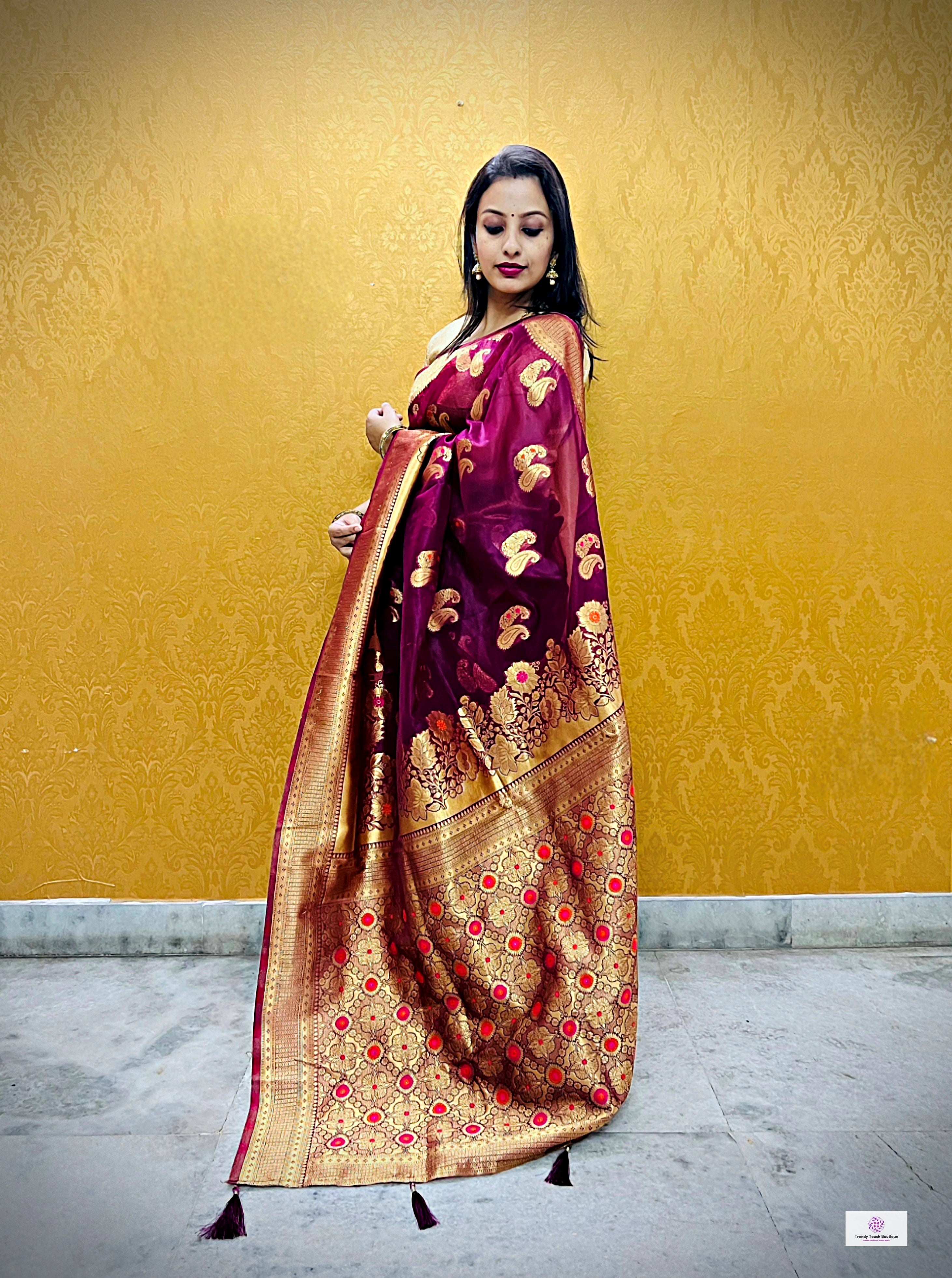 soft lightweight party wear organza banarasi silk saree maroon wedding reception saree bridal gift with blouse piece meenakari work on pallu