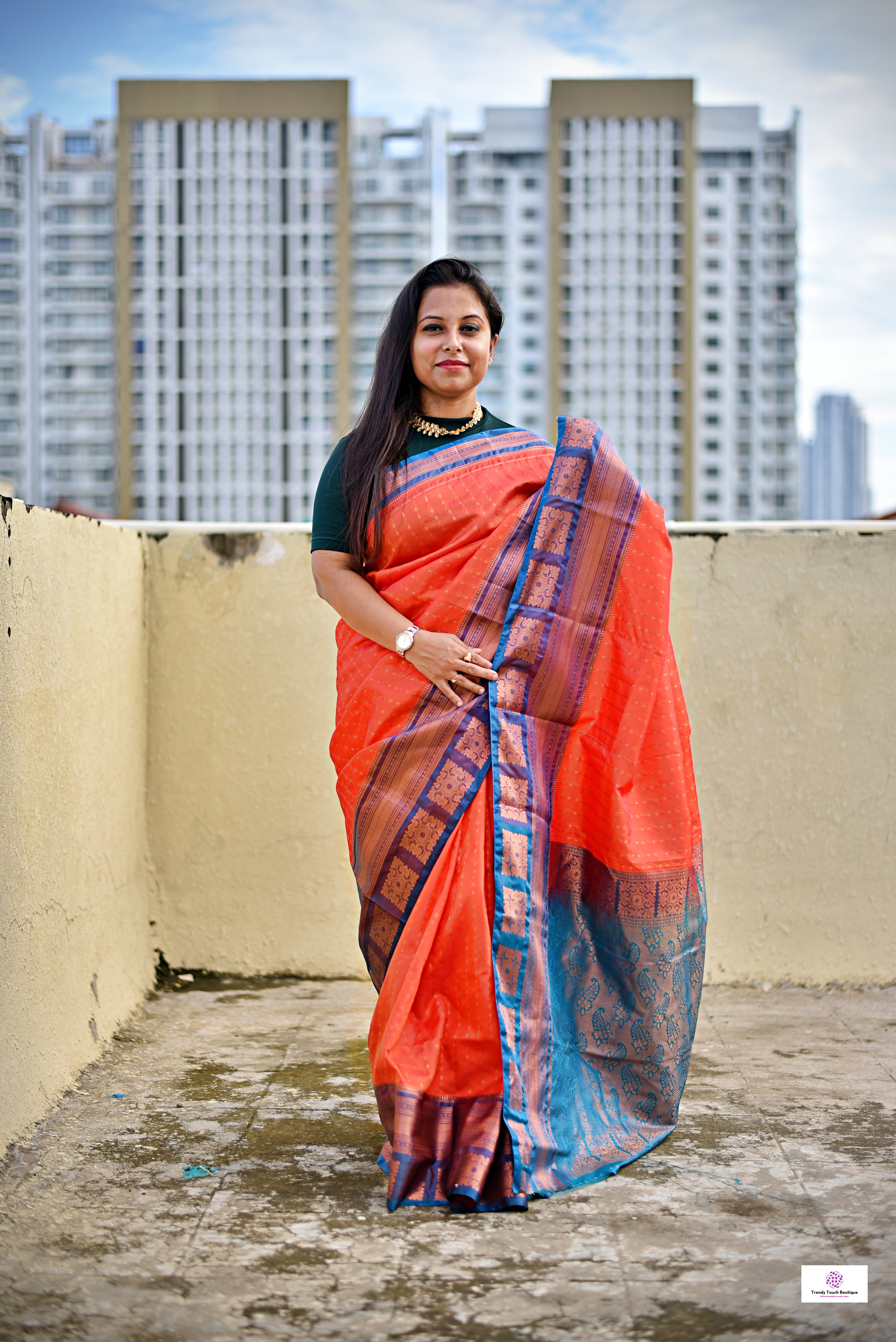 Ankhi - Orange Peach & Teal Green - Semi Kanjivaram Silk