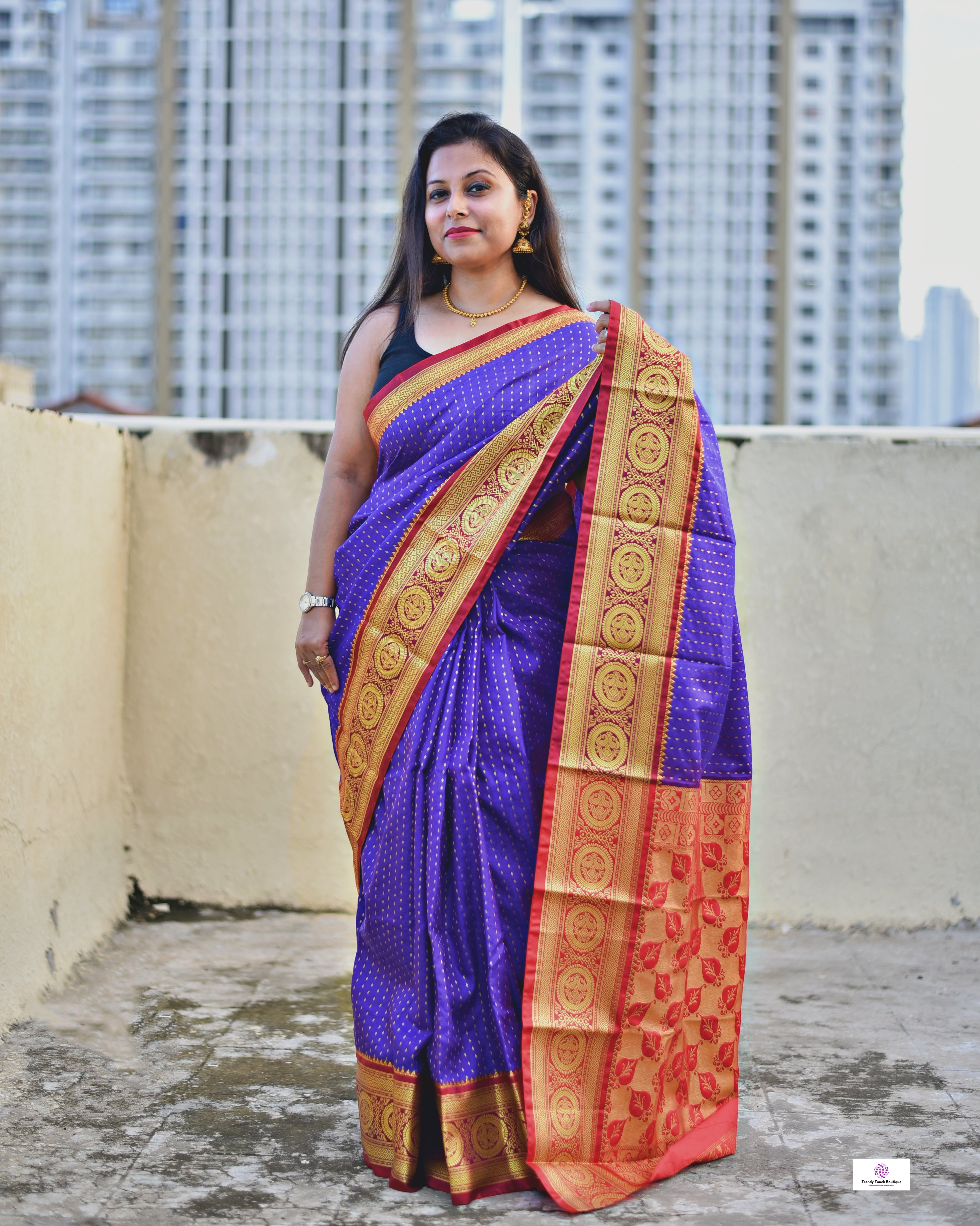 blue red festive and special ocassion lightweight silk saree zari work buta on body and traditional motif on saree edges and pallu with blouse piece and best price