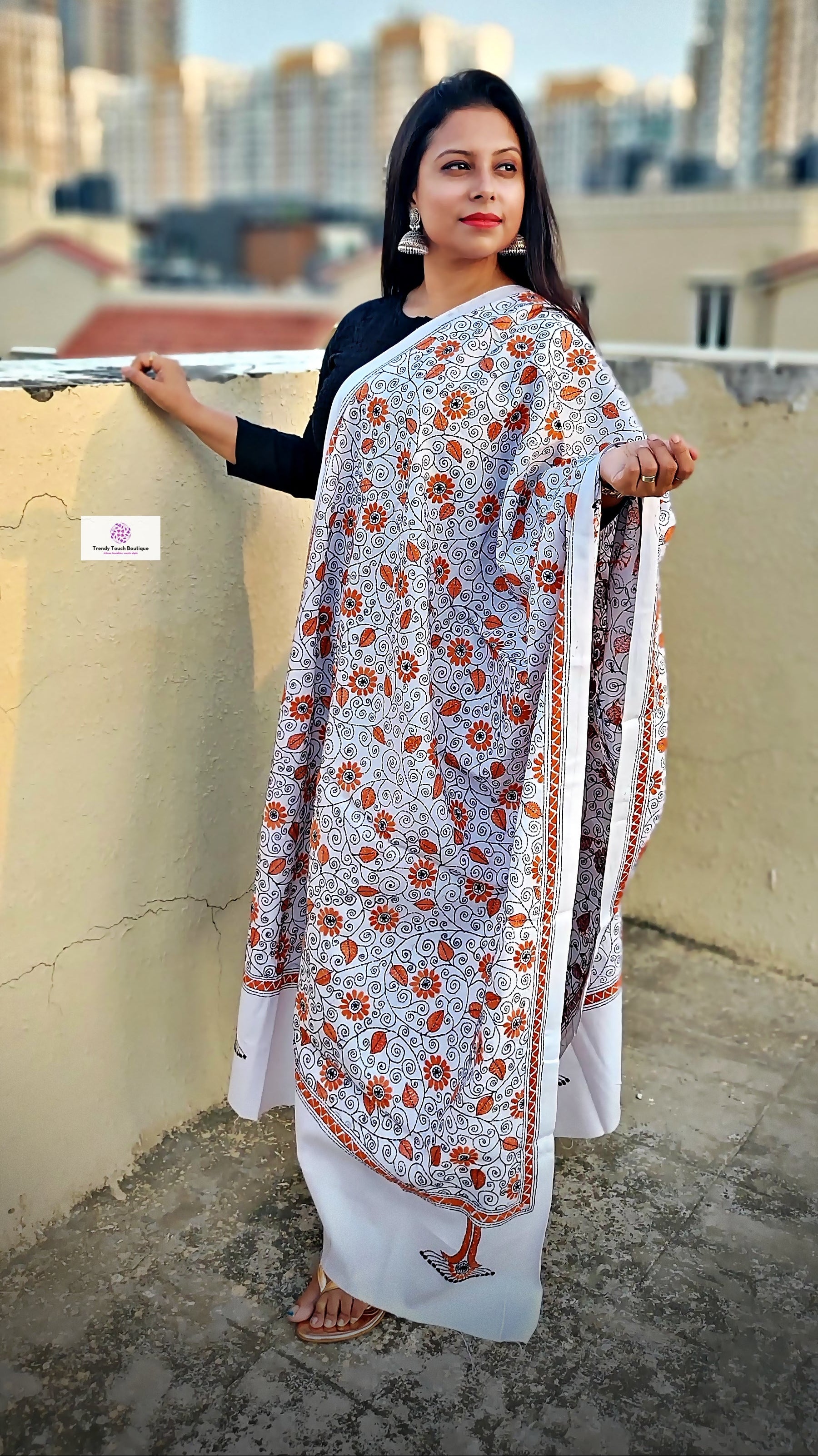 kantha handembroidered pure cotton designer statement dupatta for kurti styling in summer Holi sale best price white orange floral handcrafted