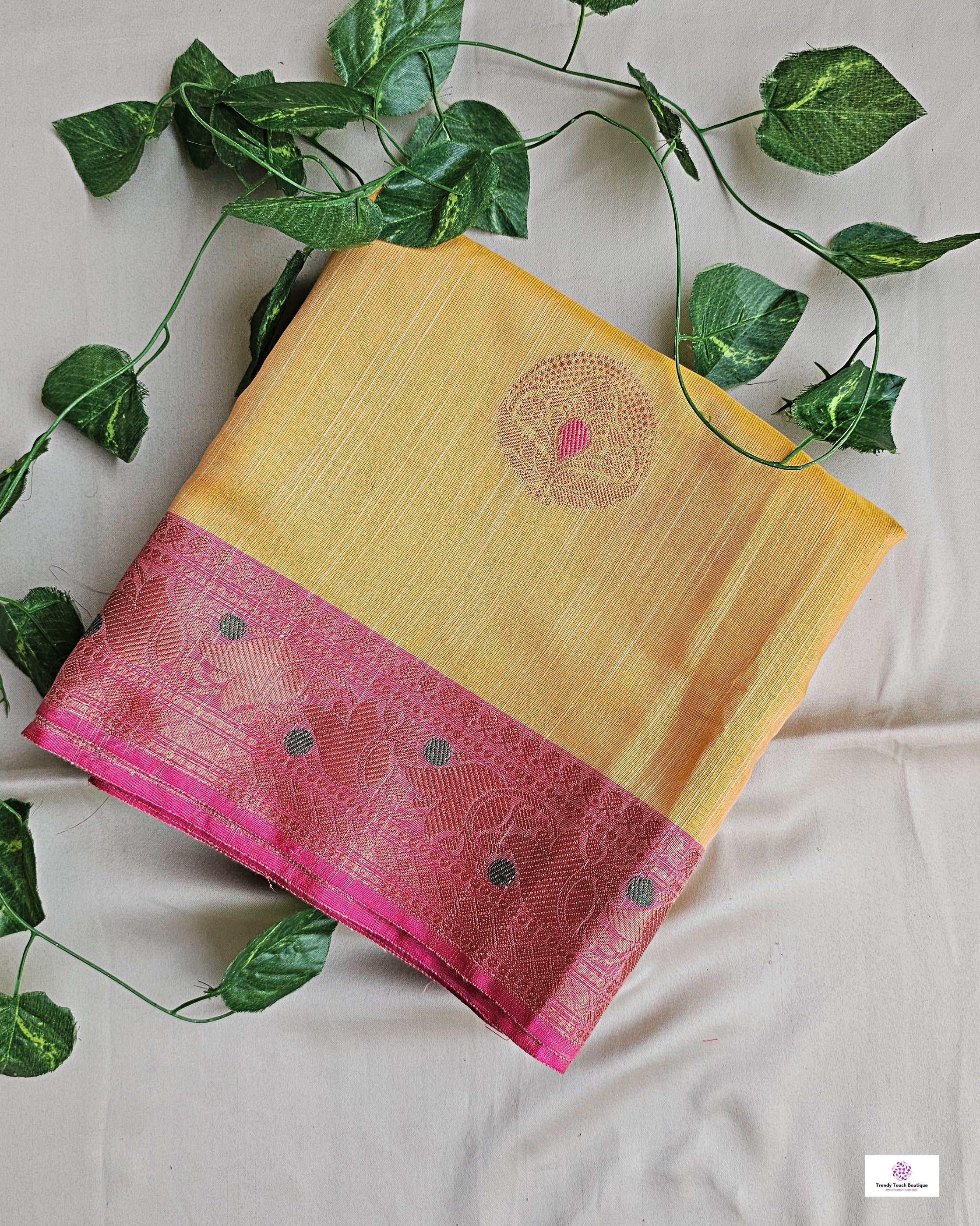 Muga cotton banarasi soft and lightweight puja, wedding and special ocassion casual wear saree yellow and pink with blouse piece best price
