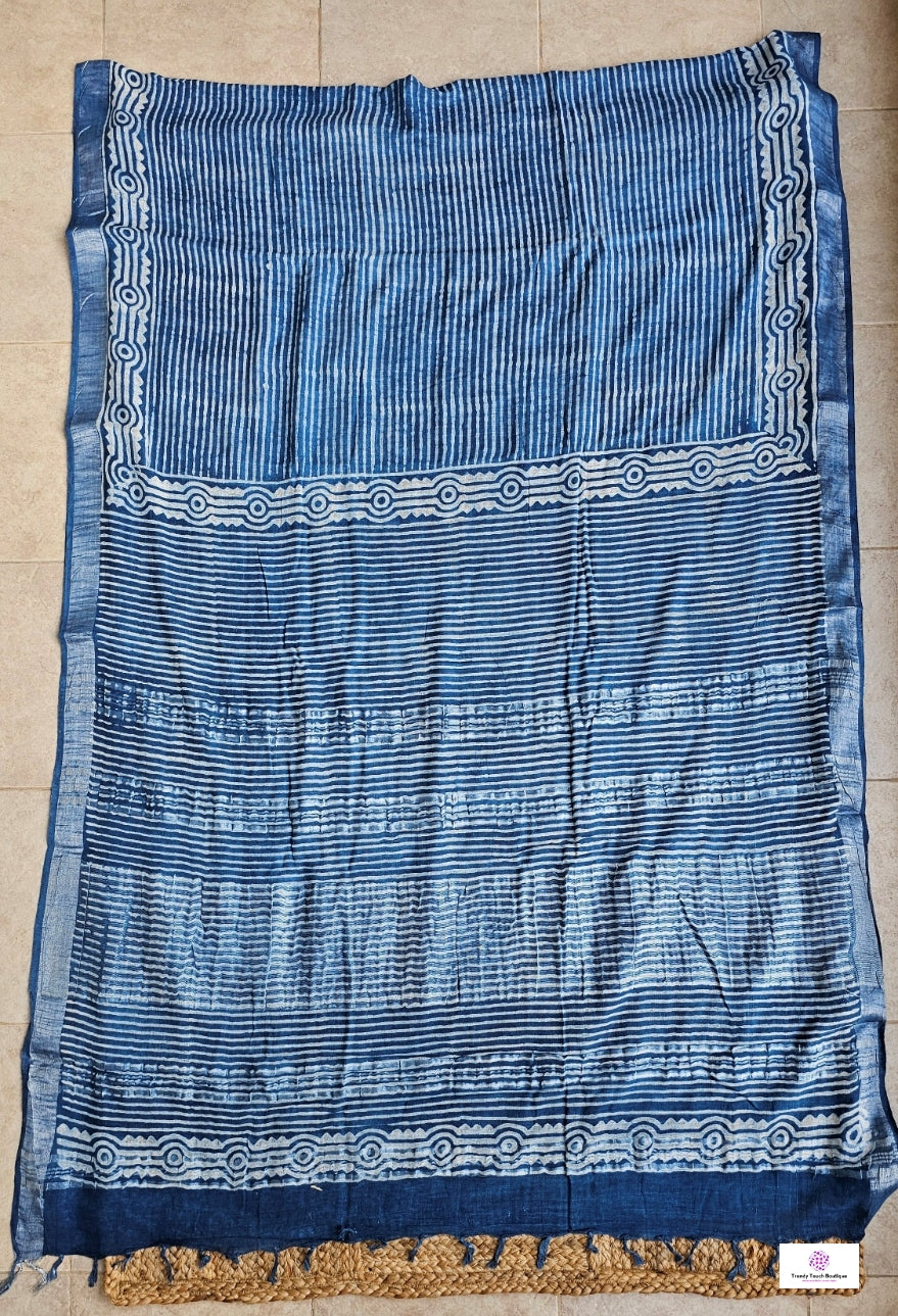 Indigo Stripe - Hand Block Print - Linen Cotton Saree