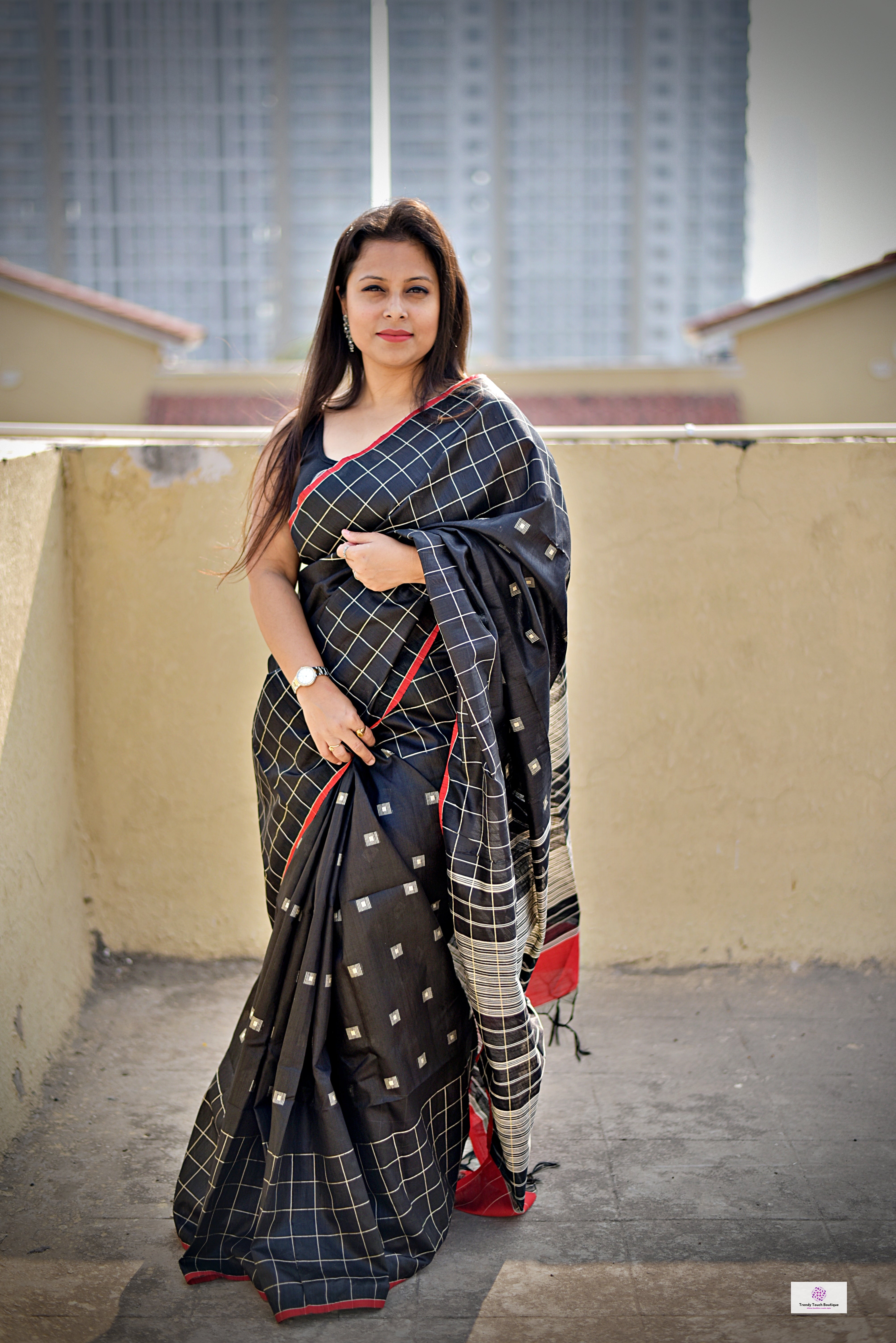 black red silk cotton office wear formal wear sarees check pattern with blouse piece contrast best price online handloom