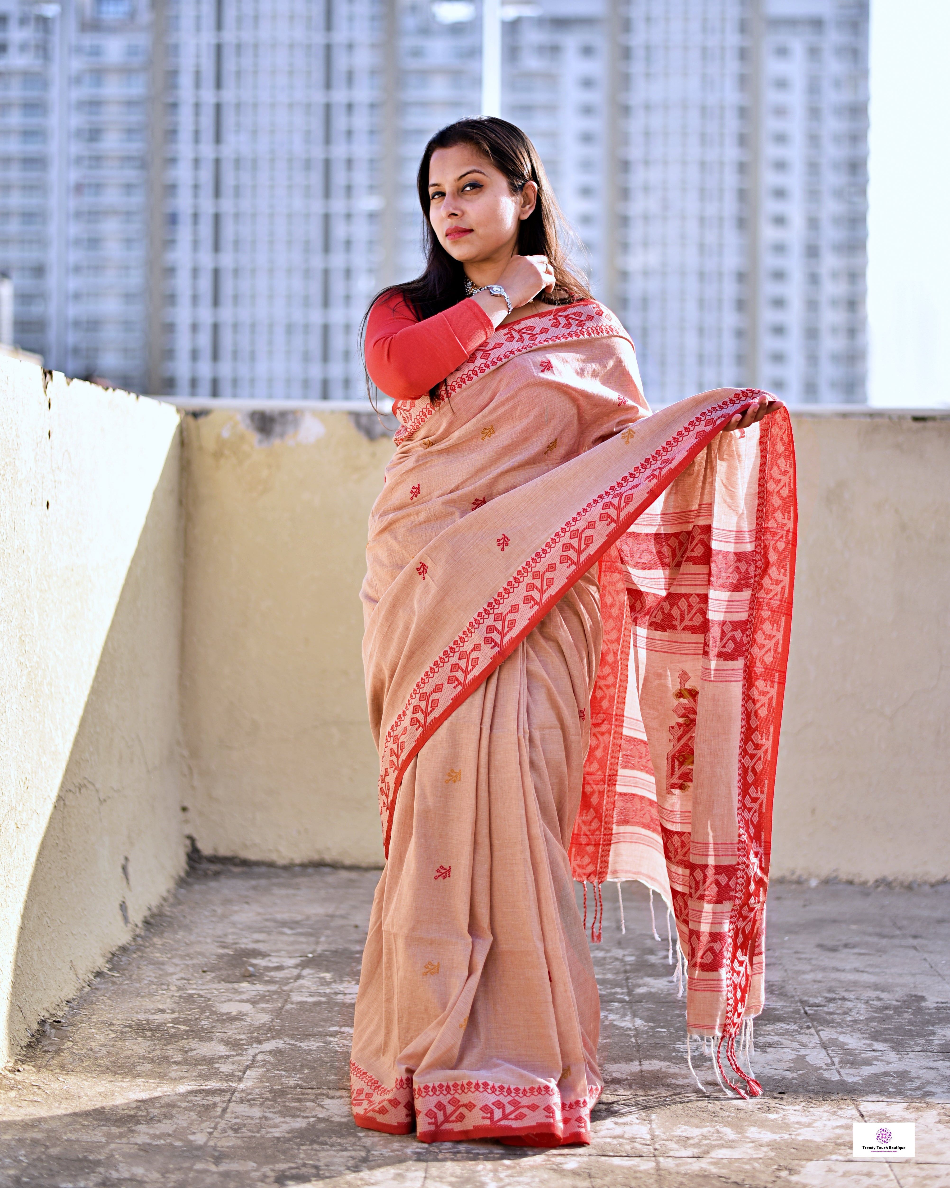 phulia pure Bengal cotton handloom saree lightweight regular wear, office wear, puja and temple visits, casual ocassions, with blouse piece best price brown red and yellow