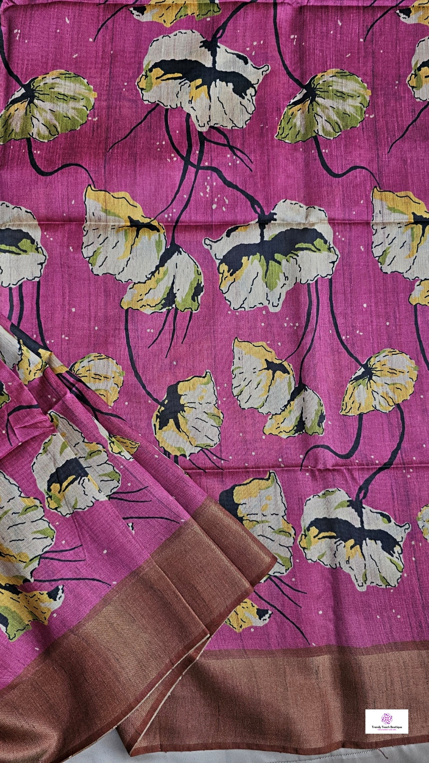 Pink semi tussar silk saree with floral digital print for regular wear and casual function office for women with blouse piece and best price