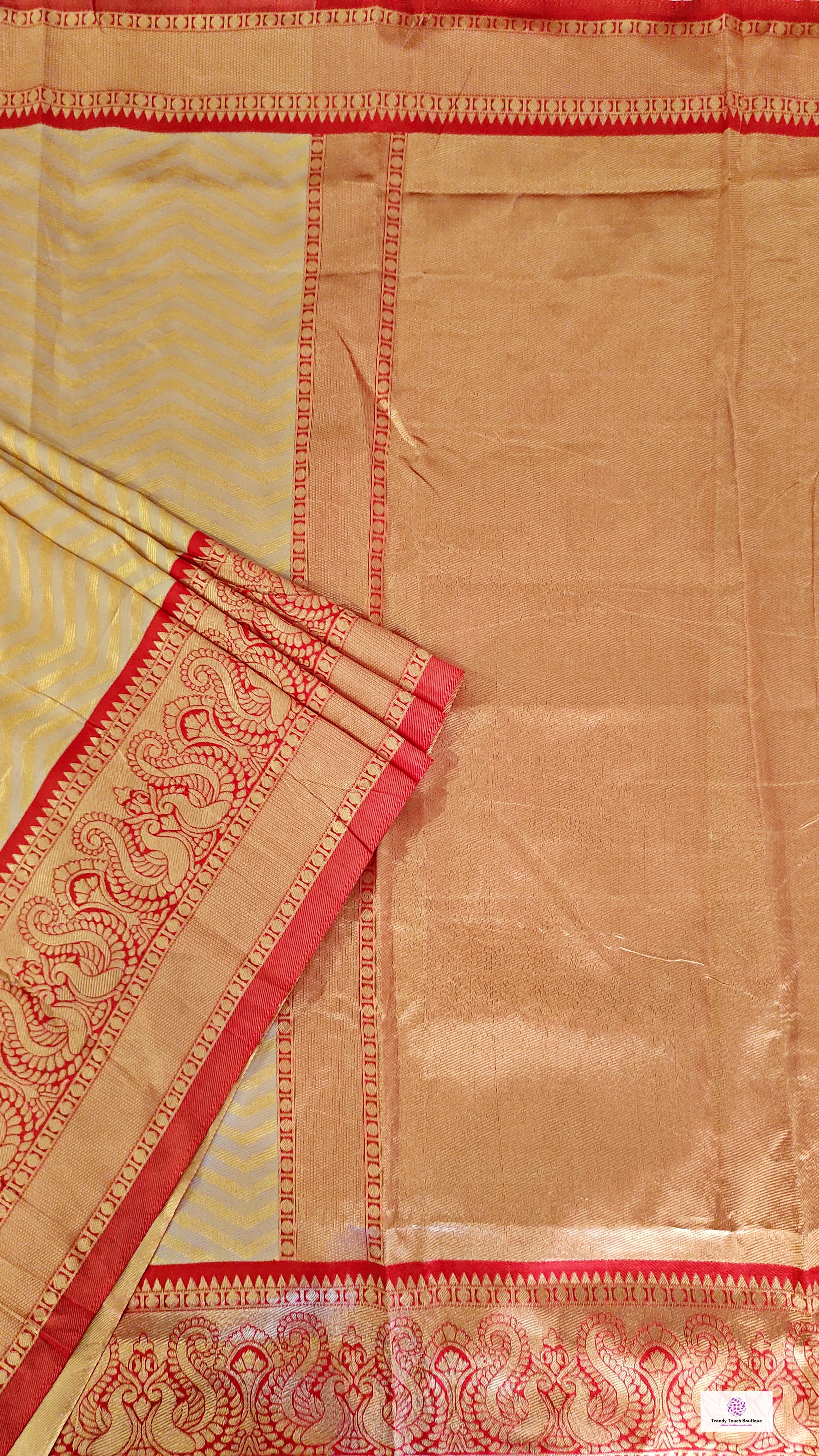 red chandan golden soft silk saree puja and homewarming ceremony wedding functions best price with blouse piece zari work saree