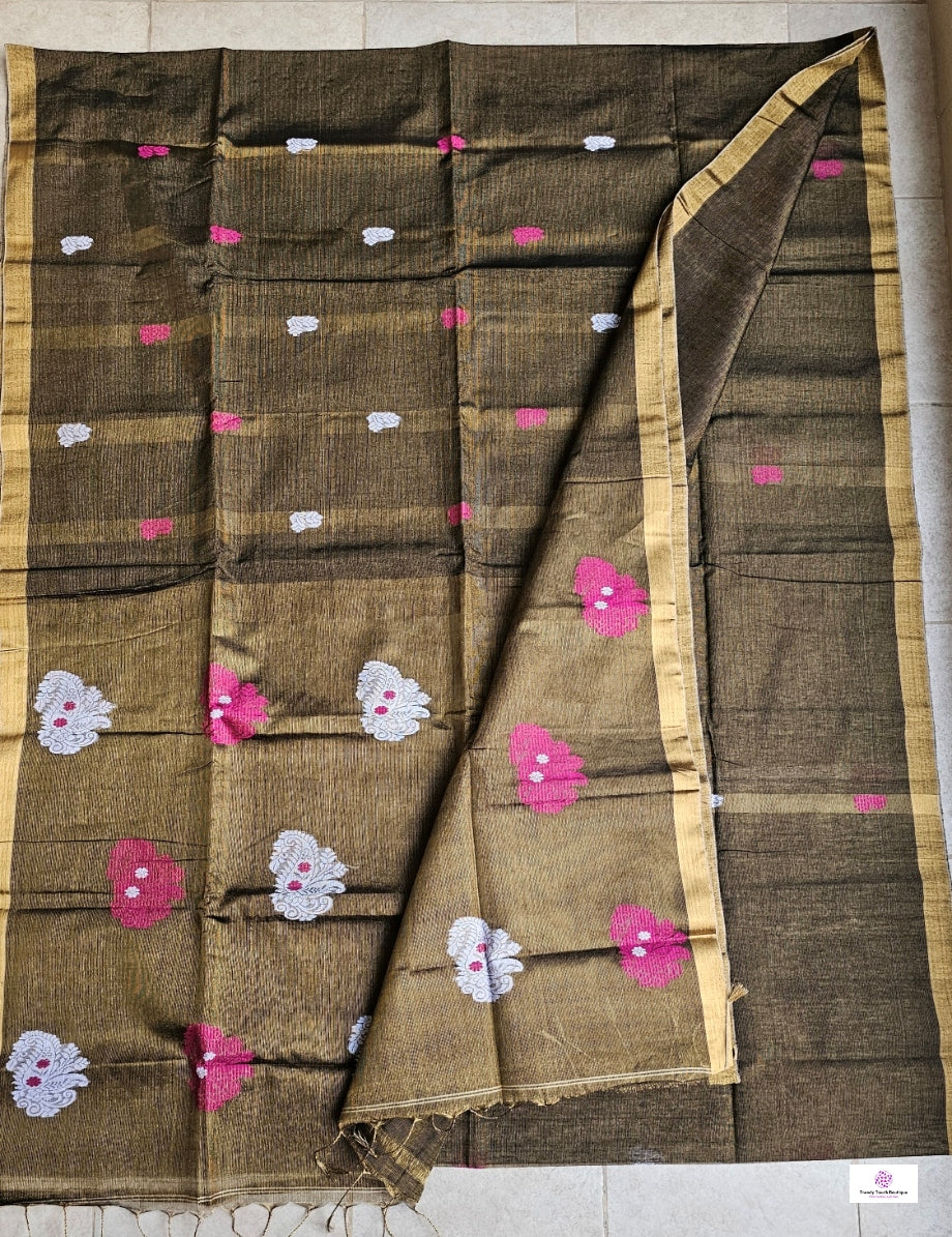 Blackish Gold - Jamdani Handloom - Tissue Linen Saree