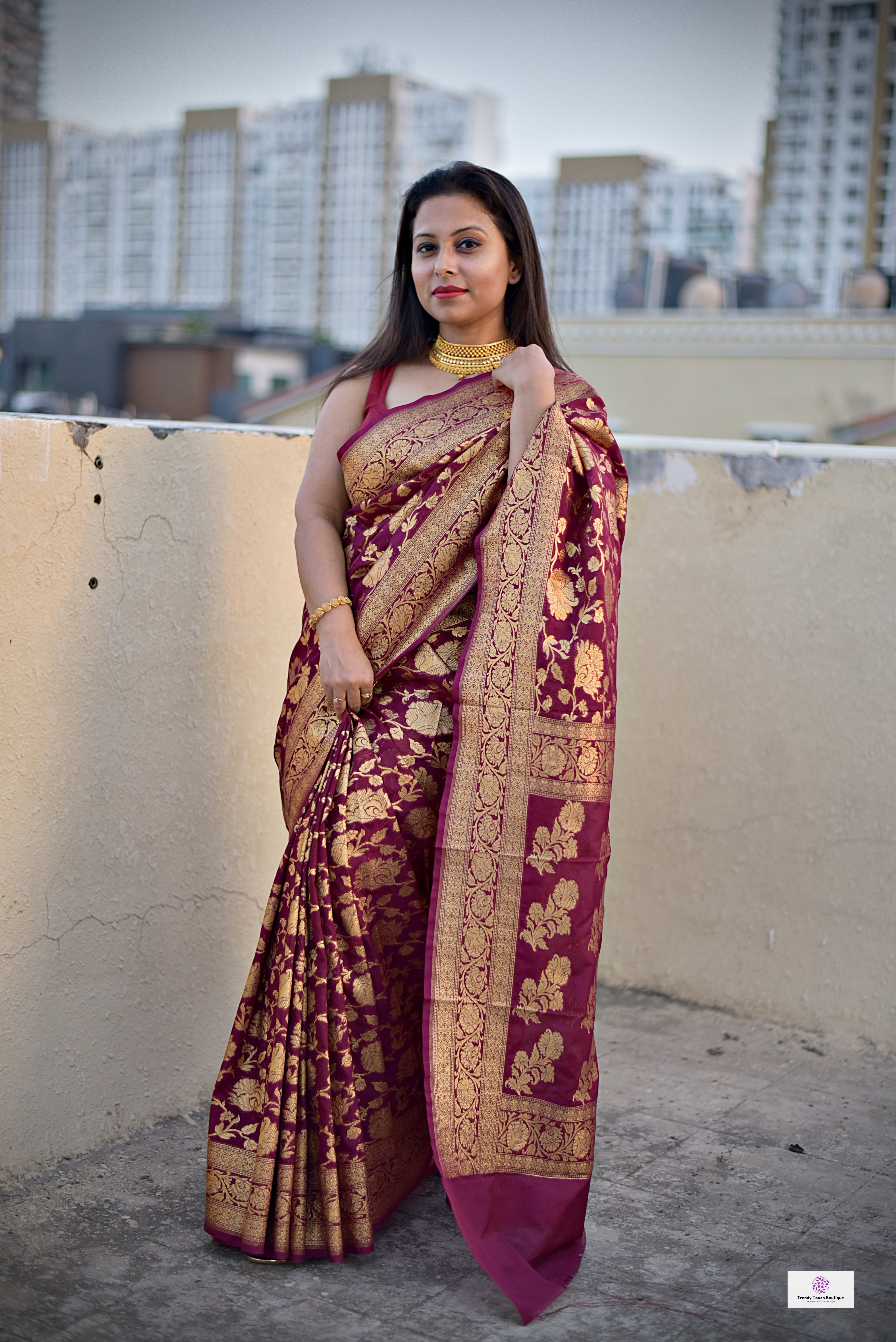 georgette banarasi silk designer saree wedding party celebration marriage function maroon and gold zari handwoven handloom best price with blouse piece