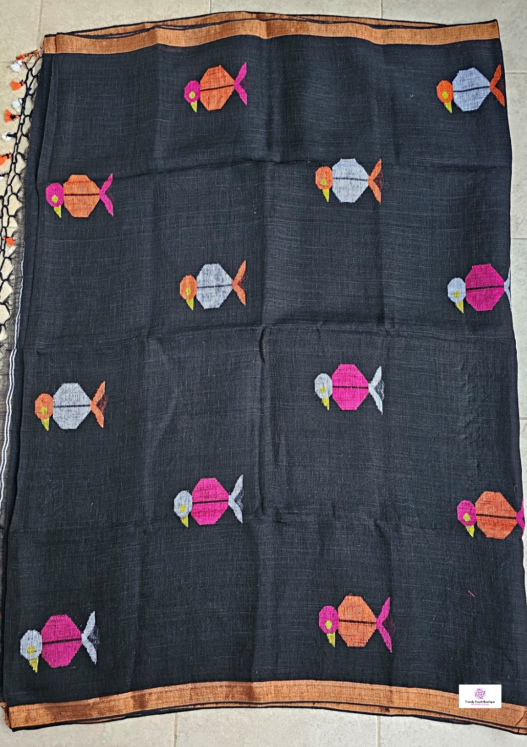 Black Birdy - Jamdani Handloom - Linen Saree
