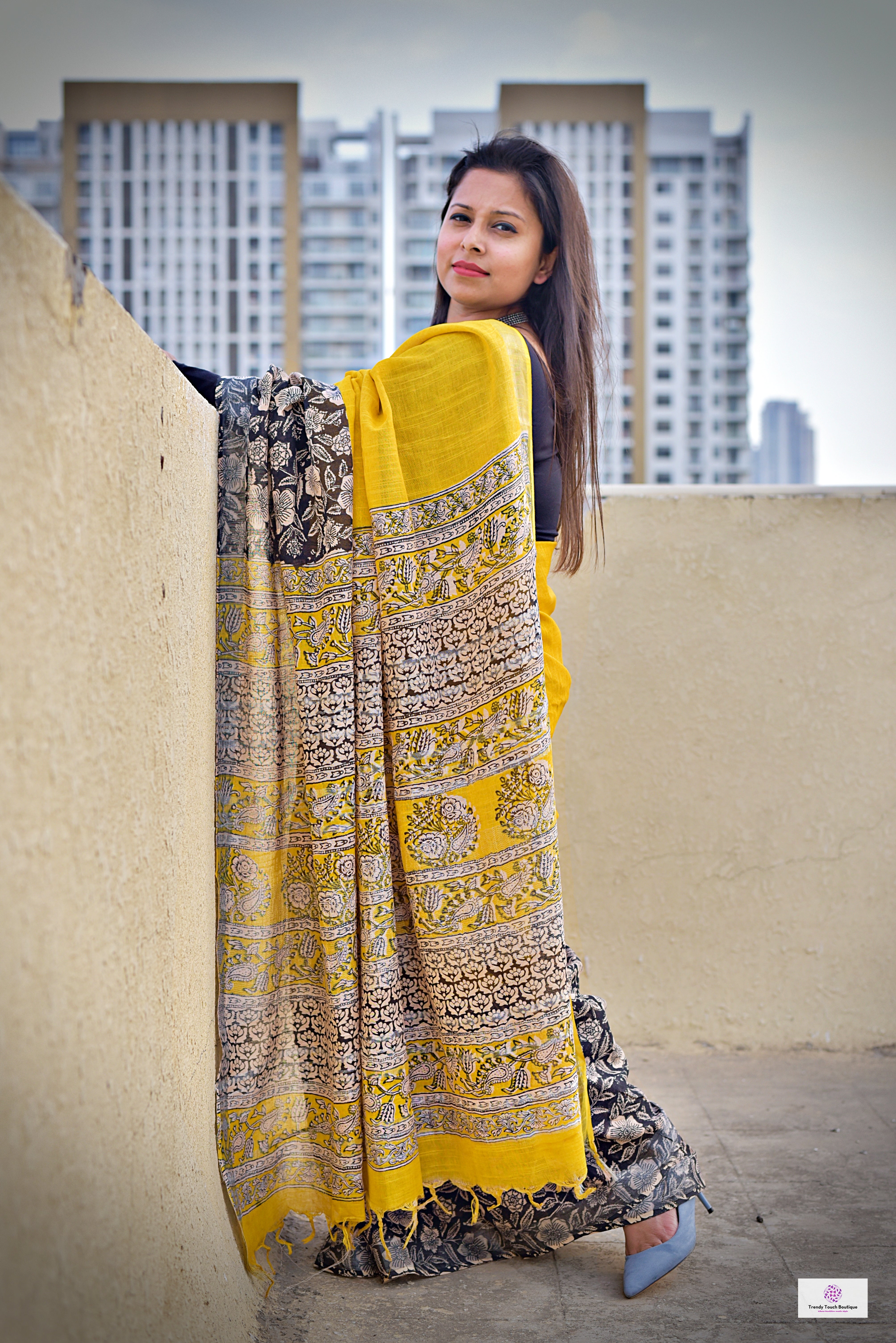 Yellow Black Organic linen saree handblock print in natural dye best summer fabric best price buy online casual and formal saree