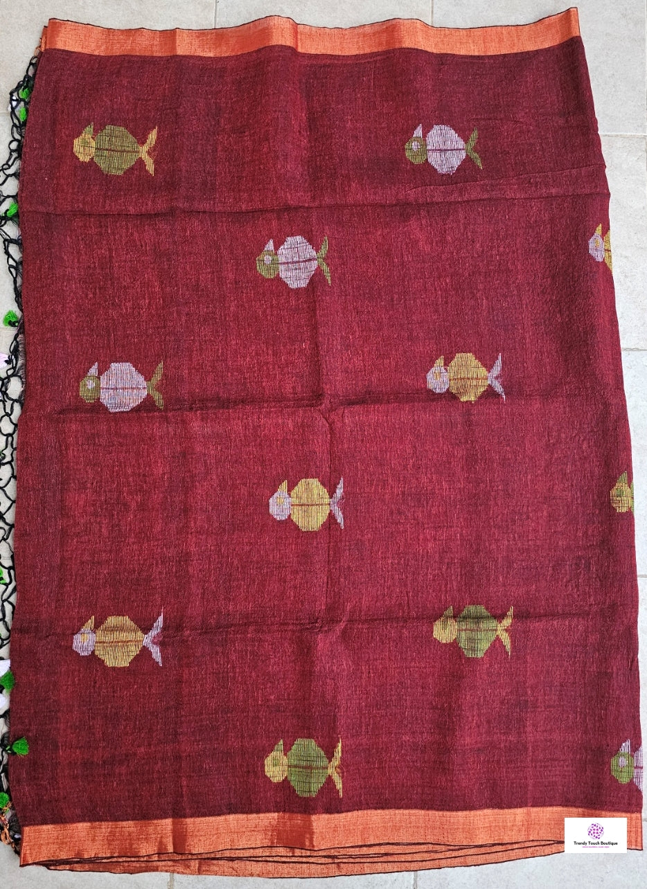 Maroon Birdy - Jamdani Handloom - Linen Saree