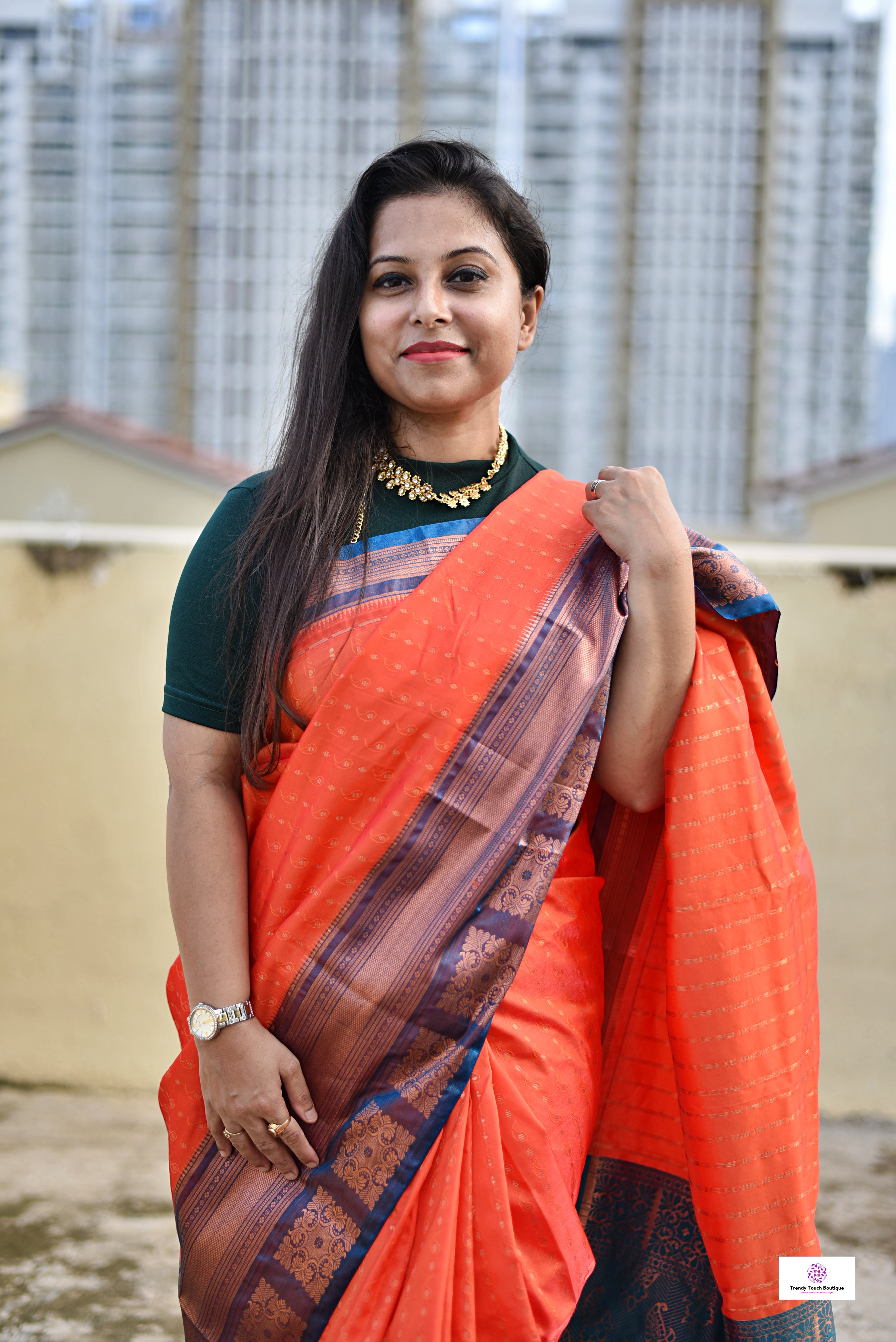 Ankhi - Orange Peach & Teal Green - Semi Kanjivaram Silk