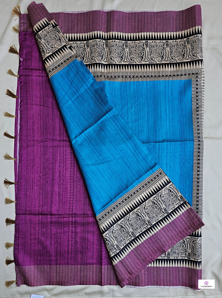 semi tussar silk madhubani and bisnupuri digital print blue and violet saree for regular wear and casual function office for women with blouse piece and best price