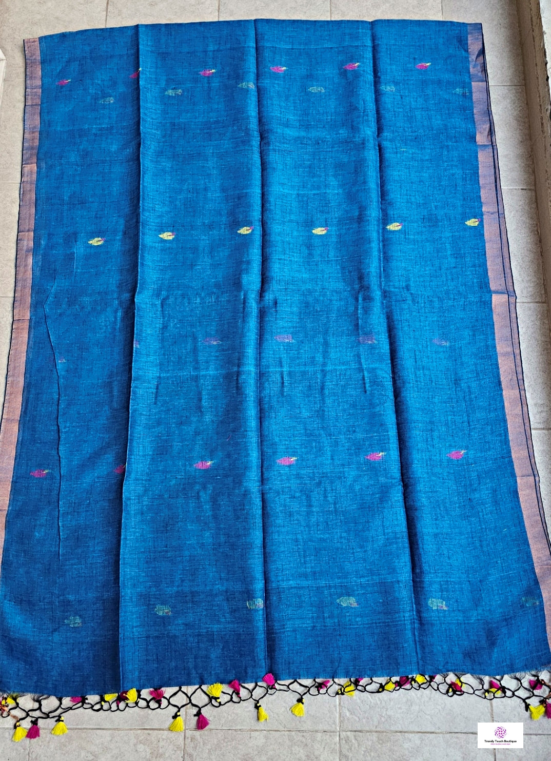 Blue Florals - Jamdani Handloom - Linen Saree