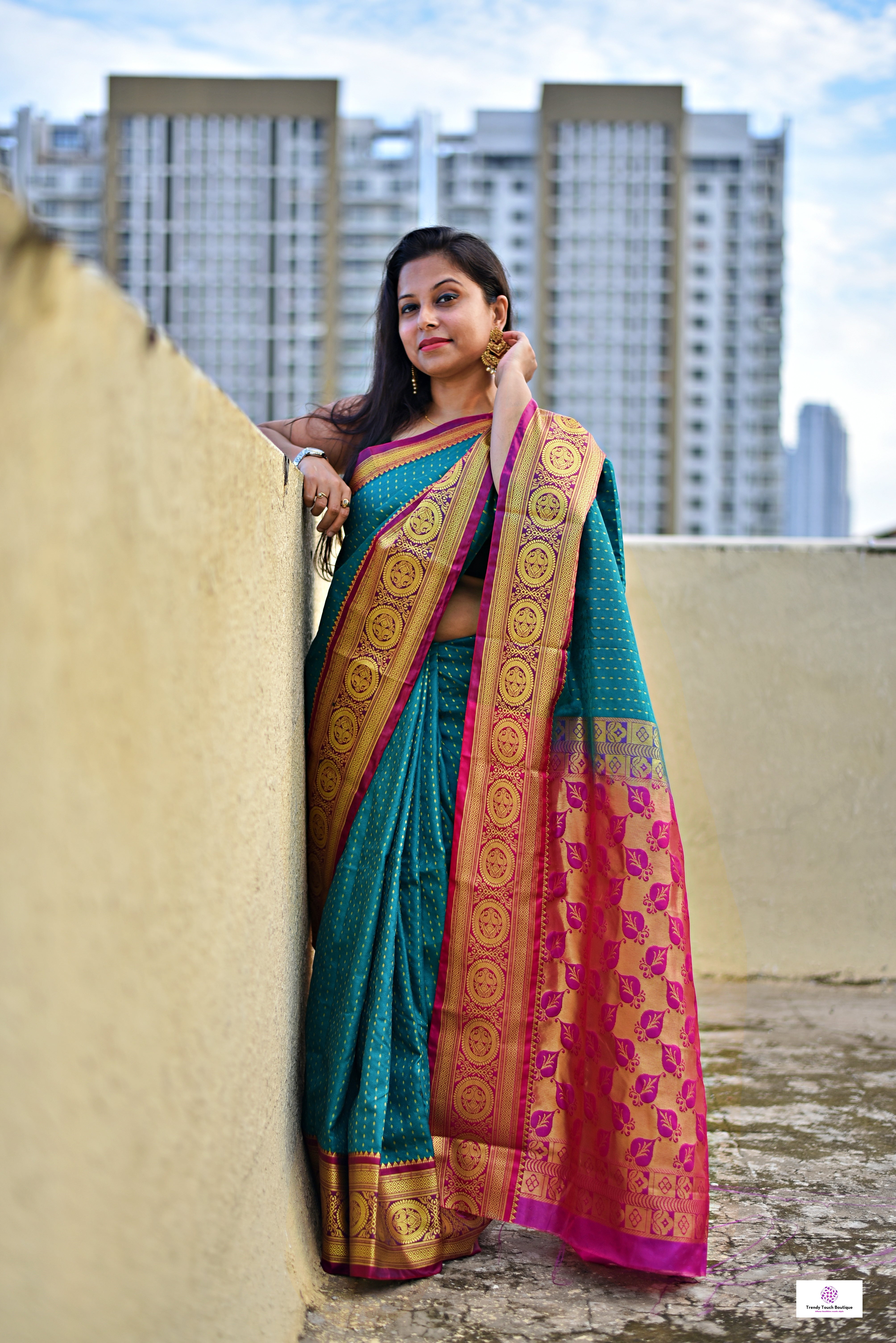 teal green & pink festive and special ocassion lightweight silk saree golden zari work buta on body and traditional motif on saree edges and pallu with blouse piece and best price
