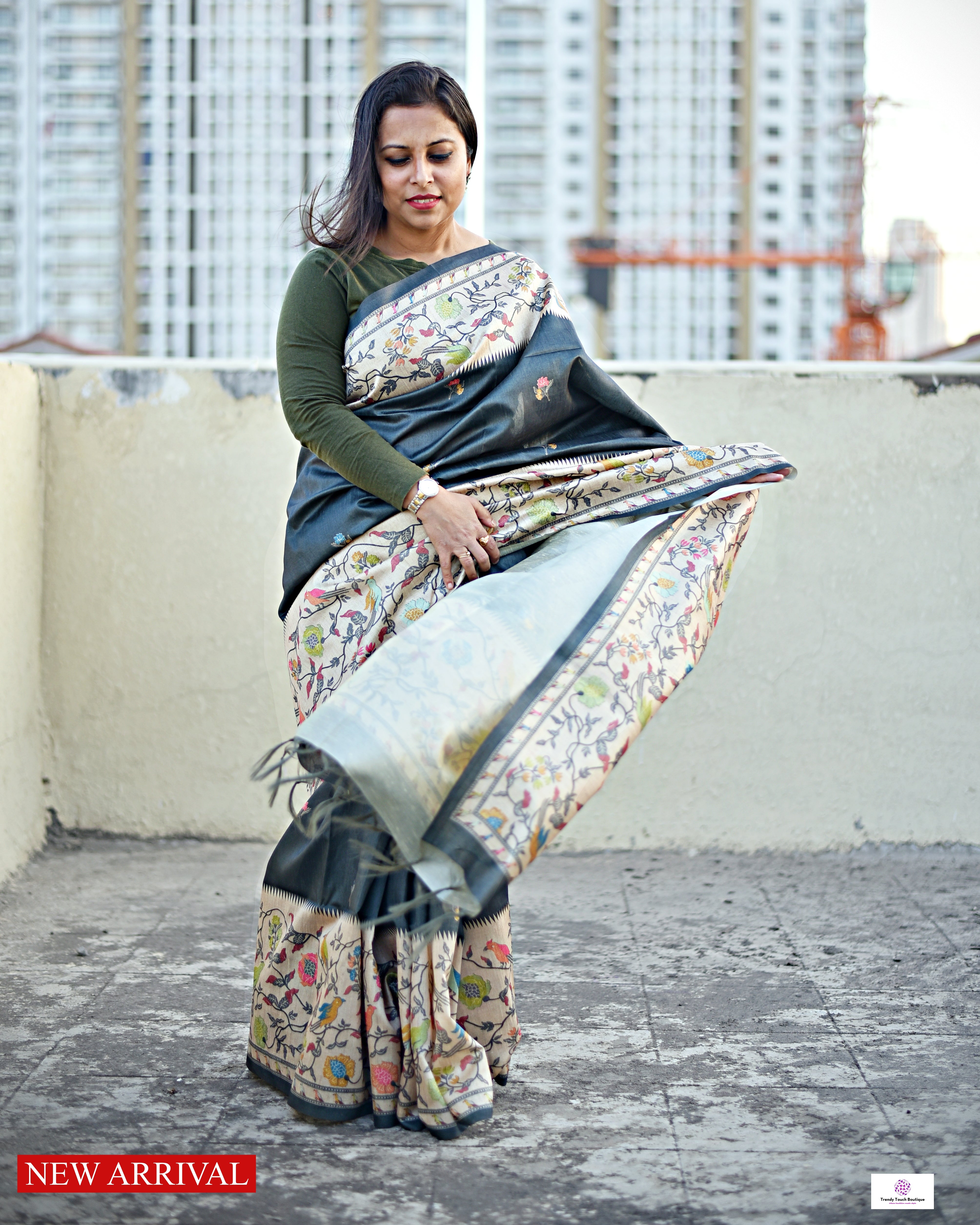 Dark Grey Green semi tussar silk aaree paithani pattern digital print for regular wear and casual function office for women with blouse piece and best price