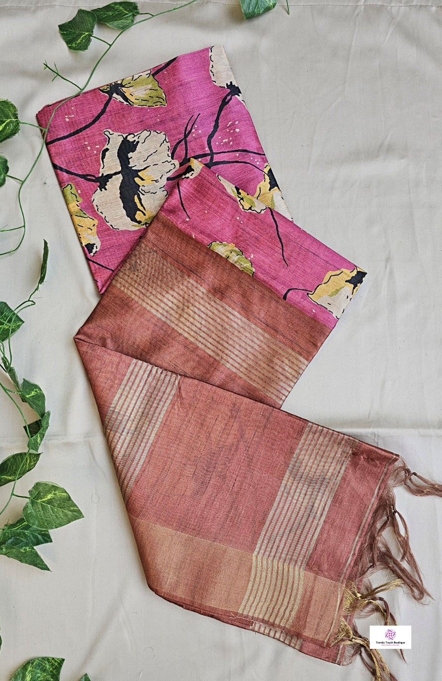 Pink semi tussar silk saree with floral digital print for regular wear and casual function office for women with blouse piece and best price