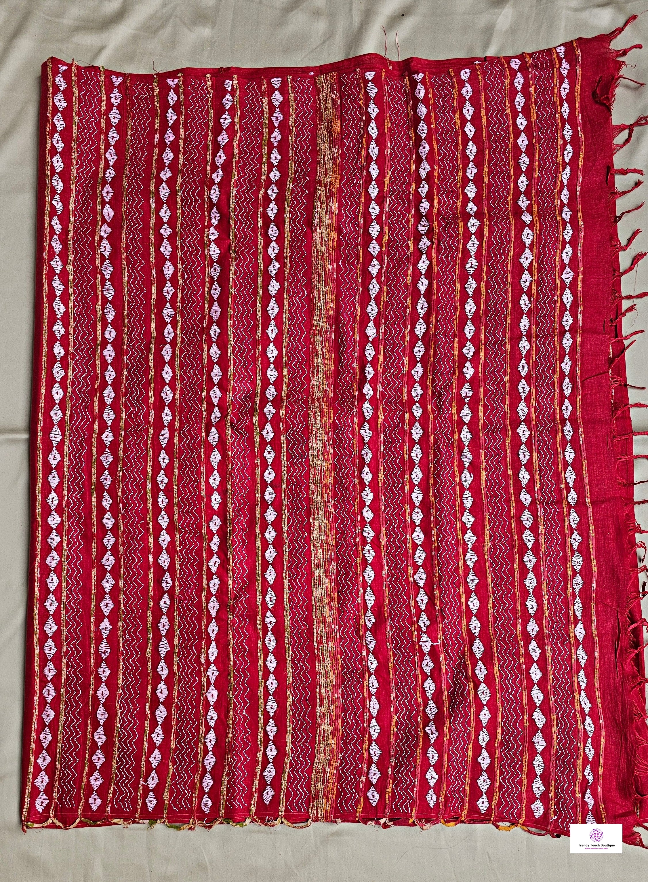 Kantha stitch handembroidered designer red khesh cotton handloom with blouse piece best price