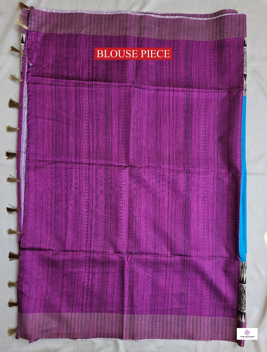 semi tussar silk madhubani and bisnupuri digital print blue and violet saree for regular wear and casual function office for women with blouse piece and best price