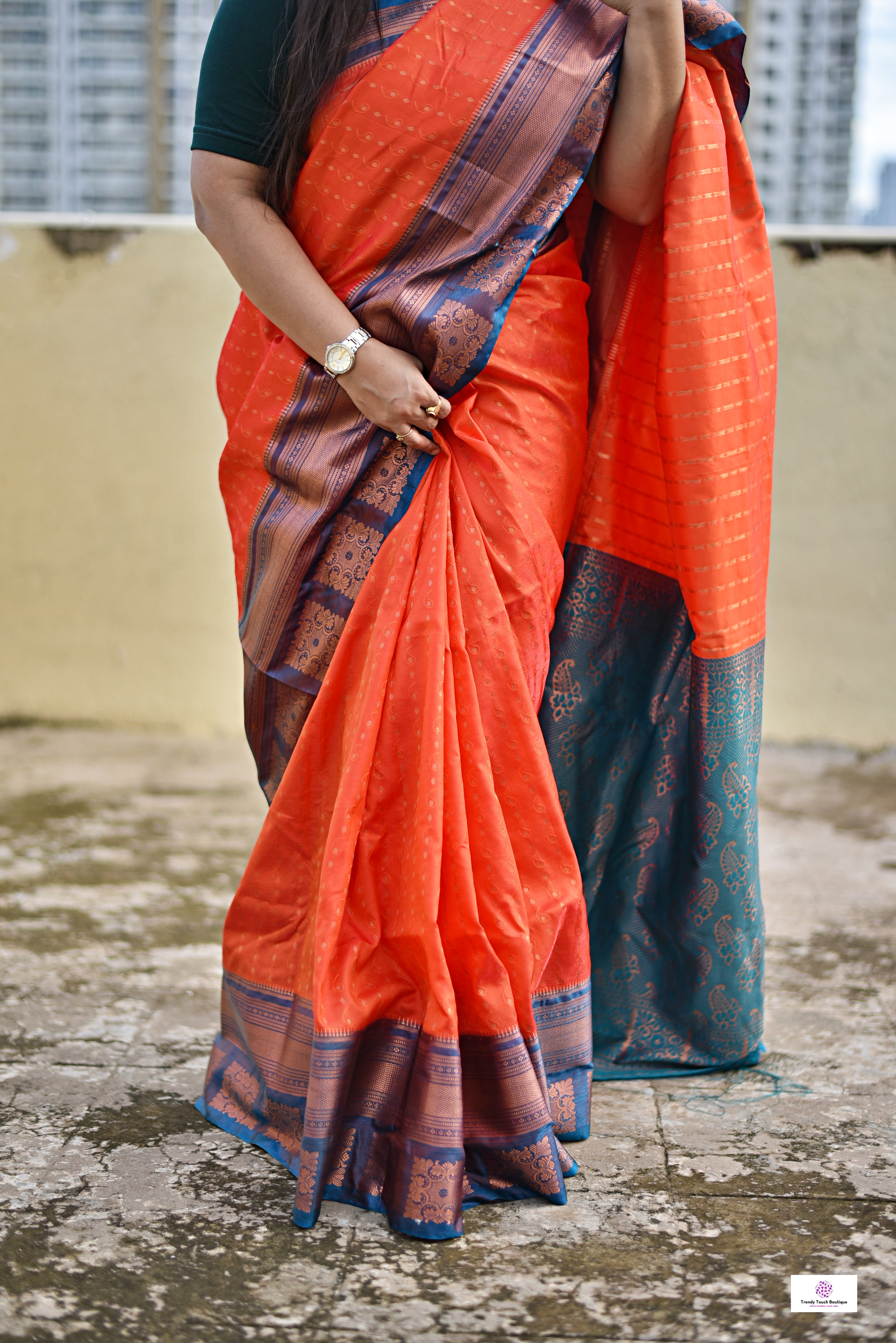 Ankhi - Orange Peach & Teal Green - Semi Kanjivaram Silk