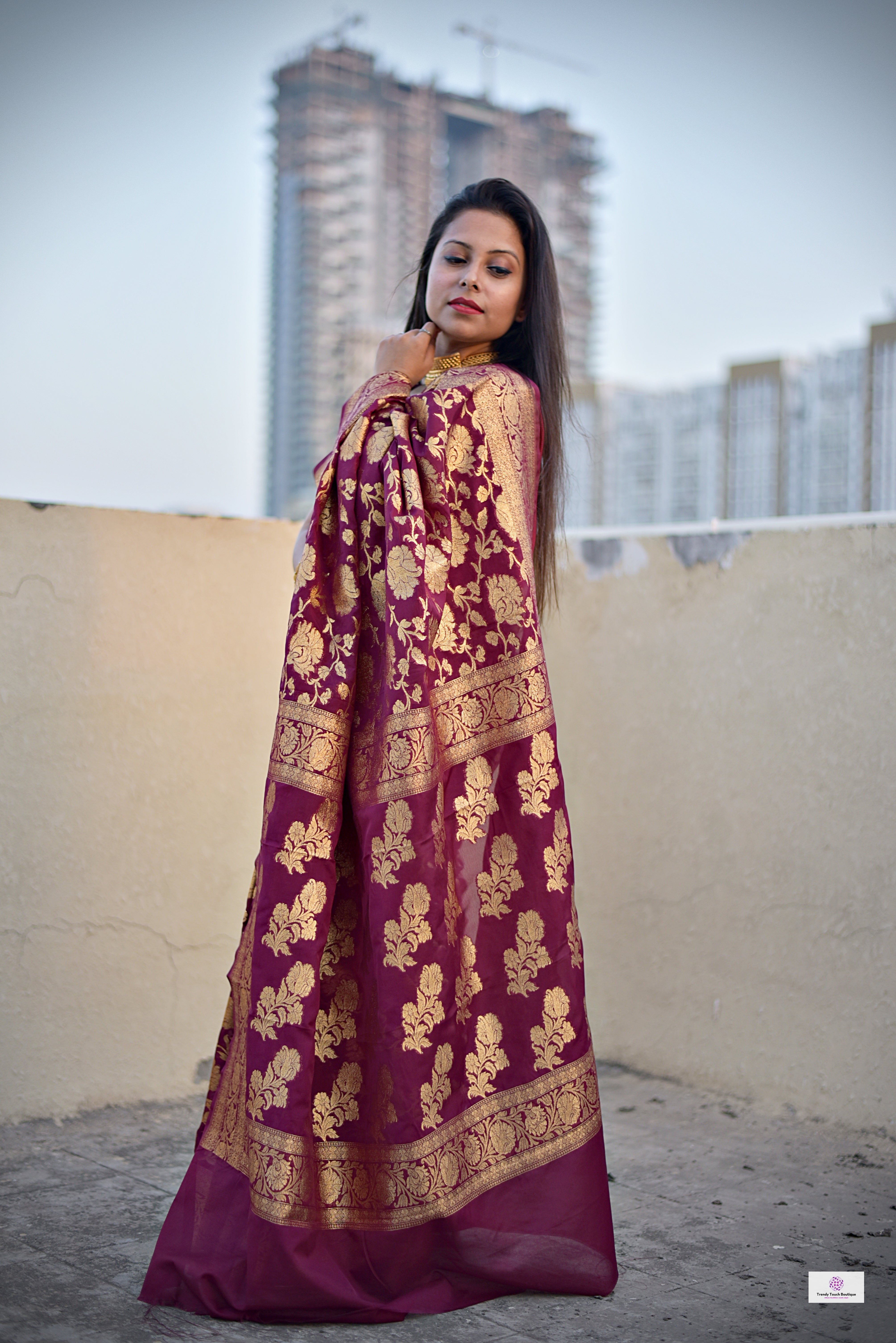 georgette banarasi silk designer saree wedding party celebration marriage function maroon and gold zari handwoven handloom best price with blouse piece