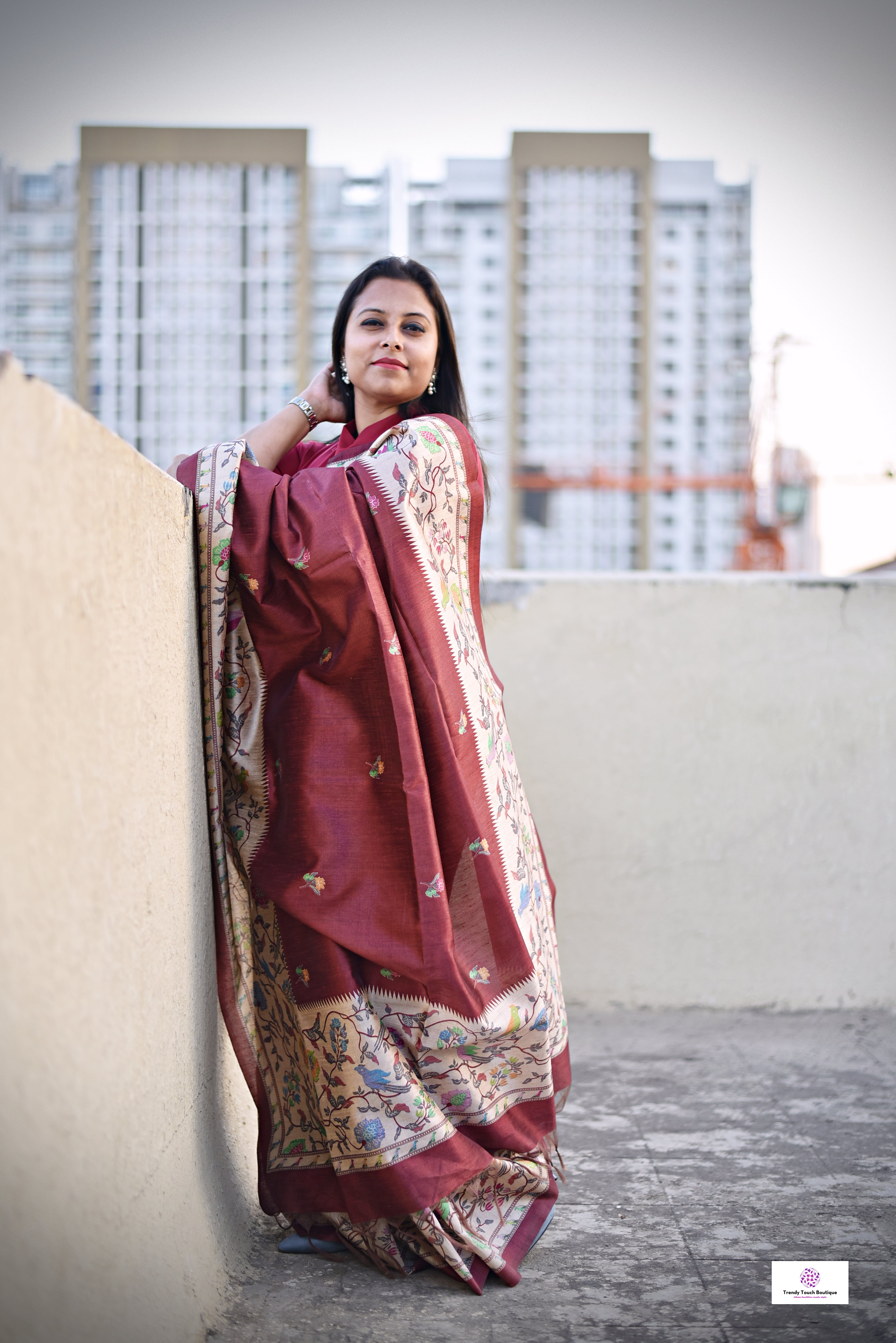 Maroon semi tussar silk aaree paithani pattern digital print for regular wear and casual function office for women with blouse piece and best price