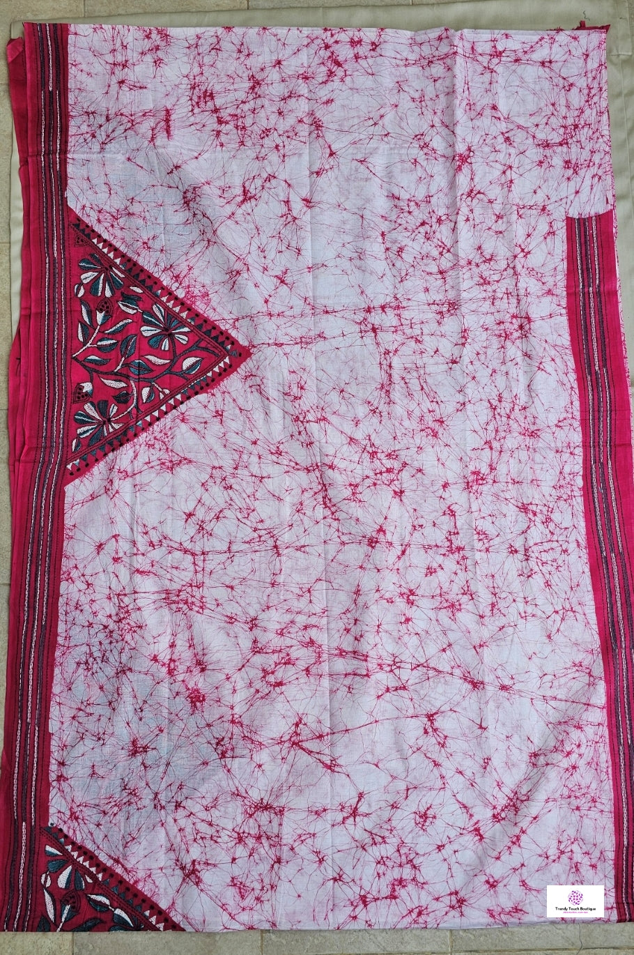 Pink Lily - Kantha Work & Hand Batik - Cotton Saree