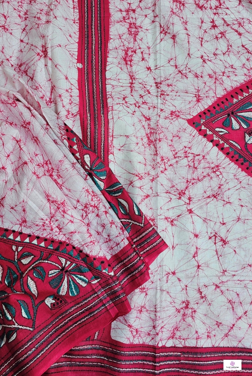 Pink Lily - Kantha Work & Hand Batik - Cotton Saree