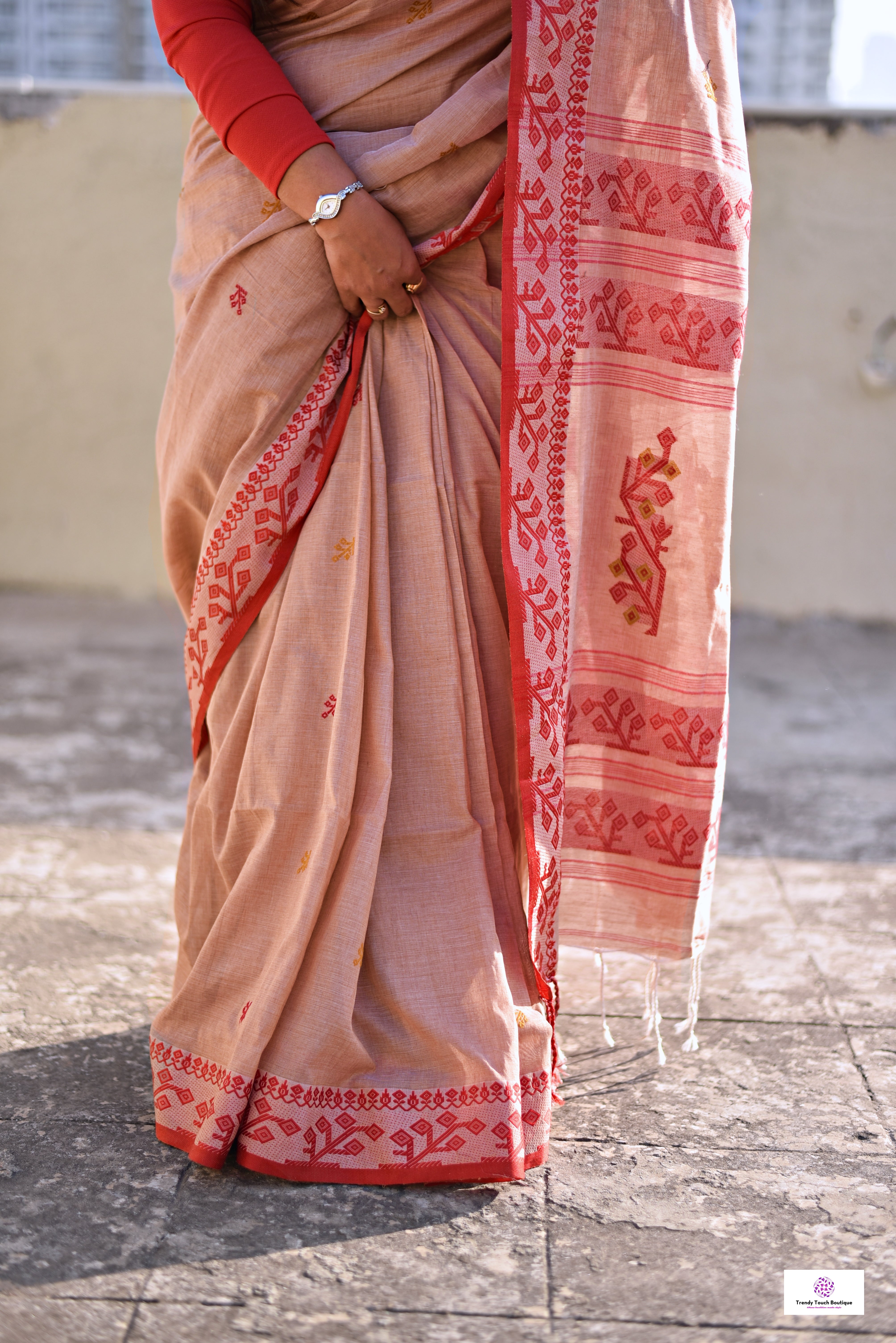 phulia pure Bengal cotton handloom saree lightweight regular wear, office wear, puja and temple visits, casual ocassions, with blouse piece best price brown red and yellow