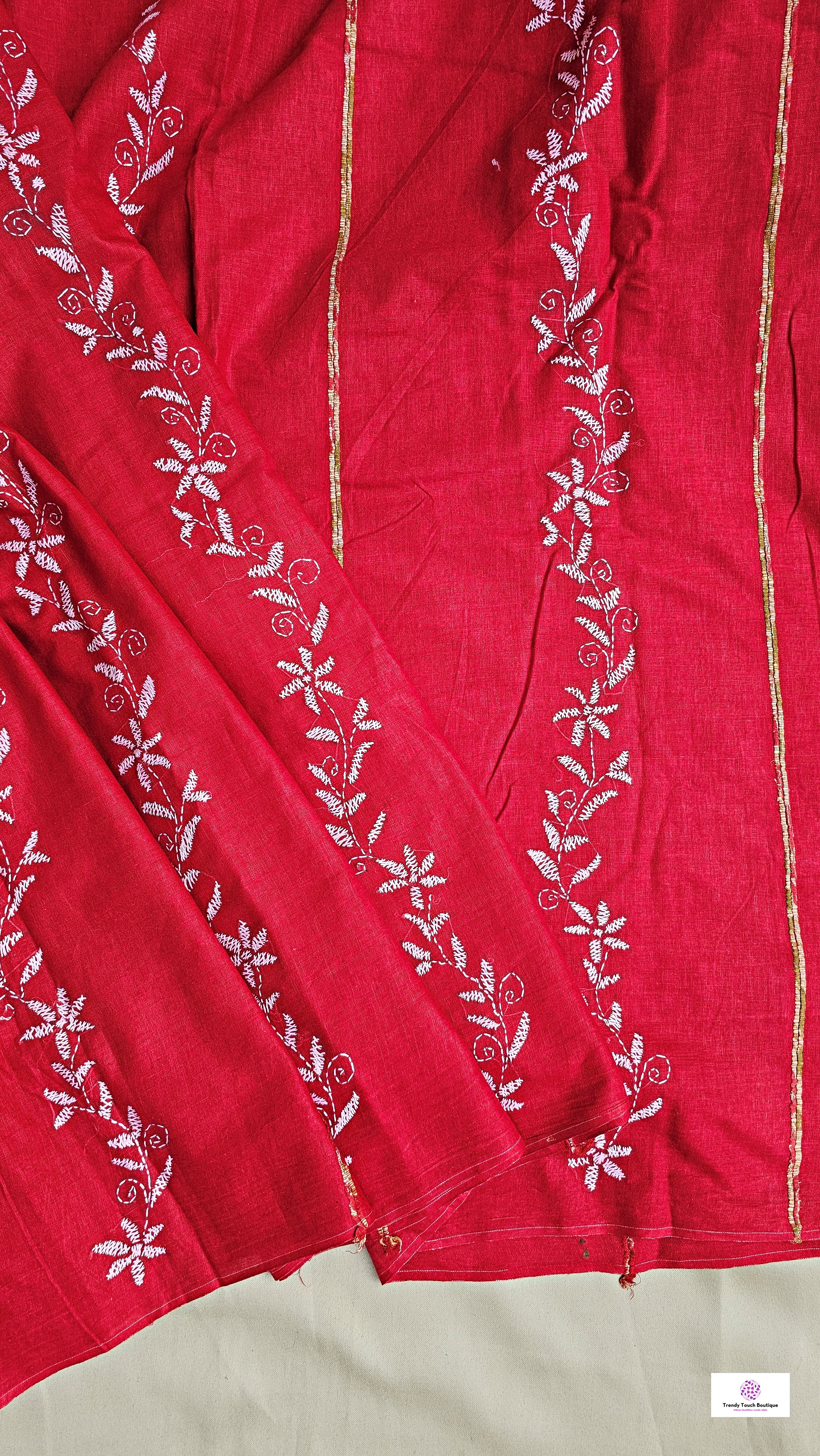 Kantha stitch handembroidered designer red khesh cotton handloom with blouse piece best price