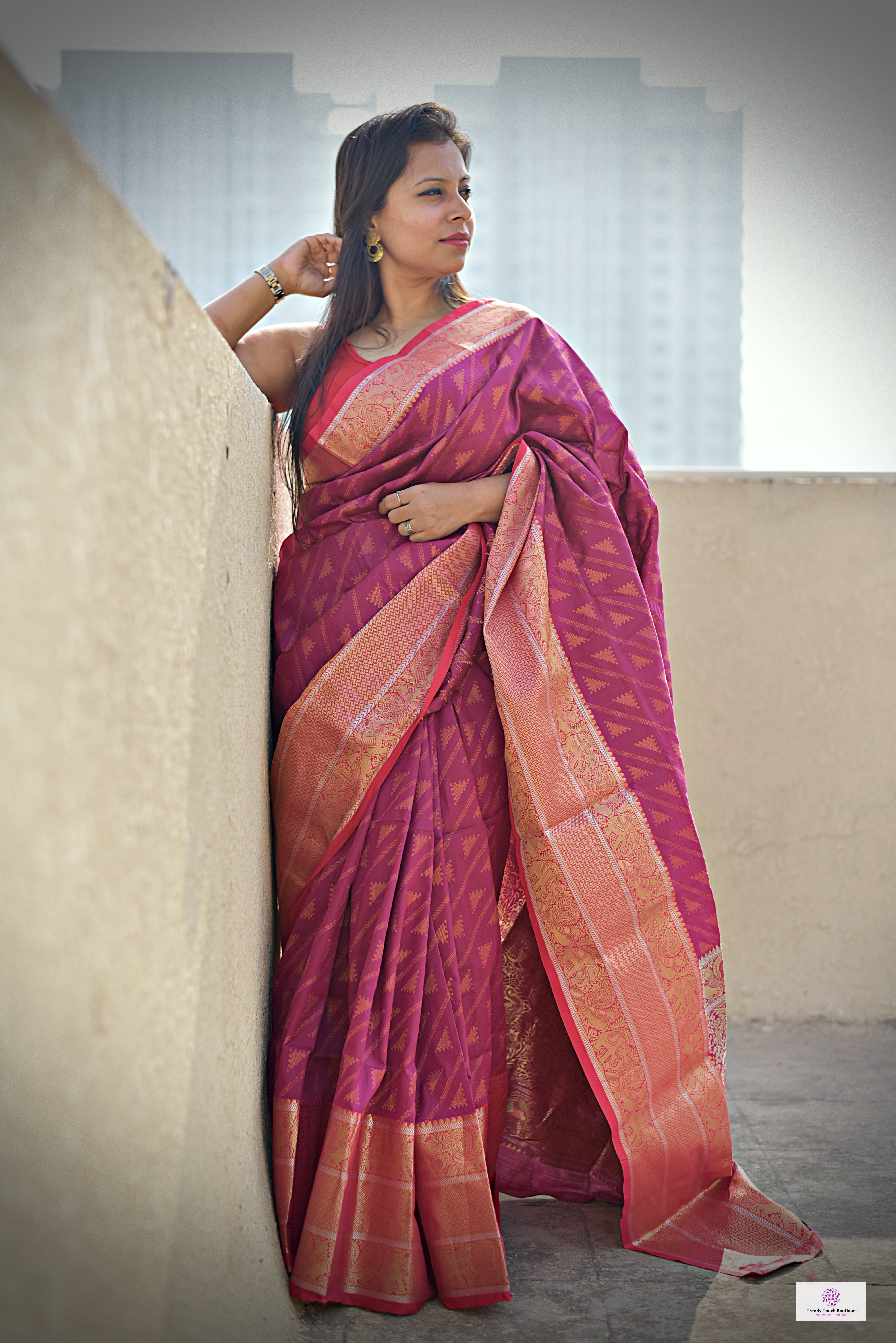Kanjivaram styled pink copper zari work party wear special occasion saree for wedding function or bridal gift