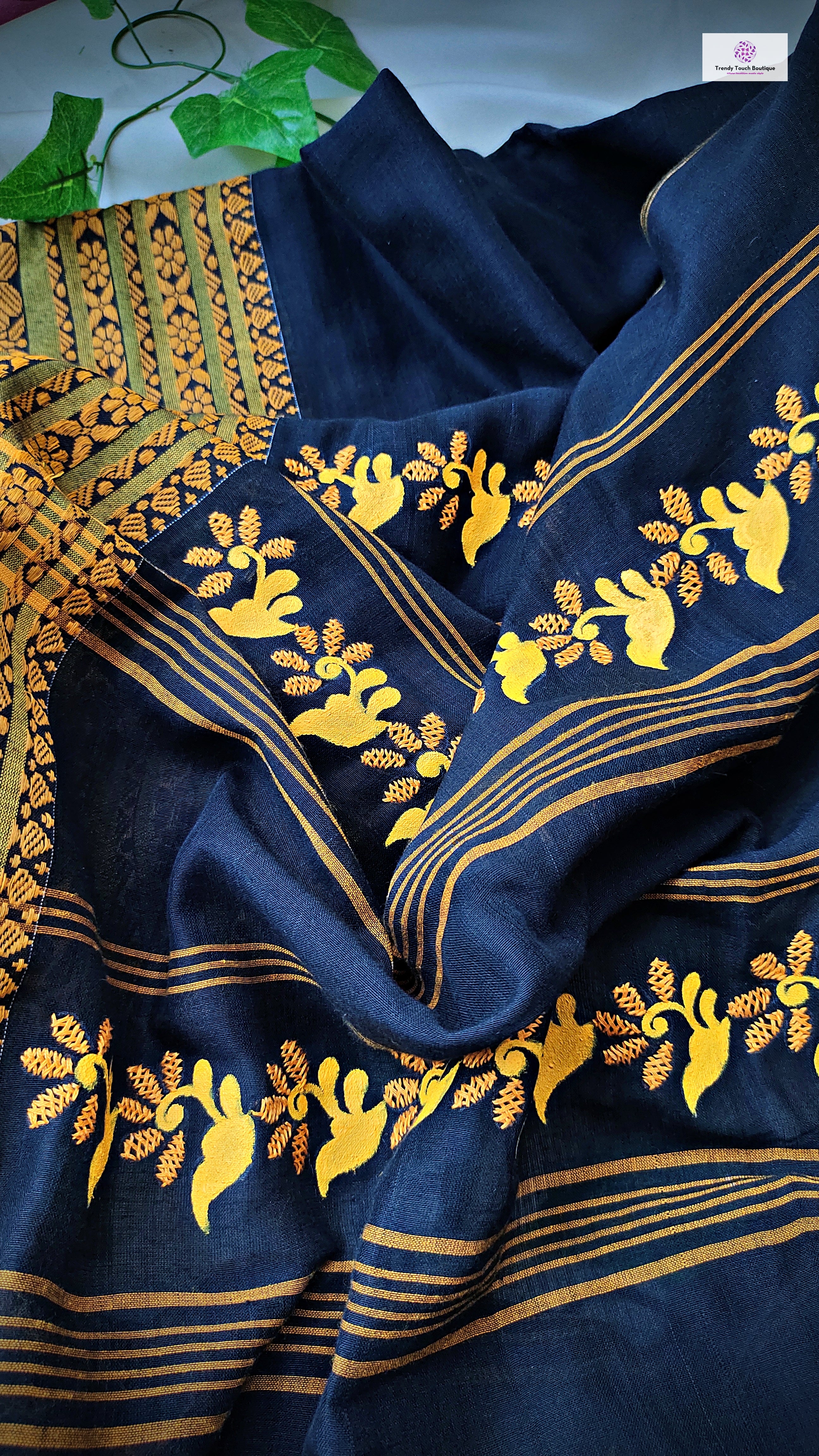 Black Sea - Hand Painted & Hand Embroidered - Begumpuri Cotton Saree (Made to Order)