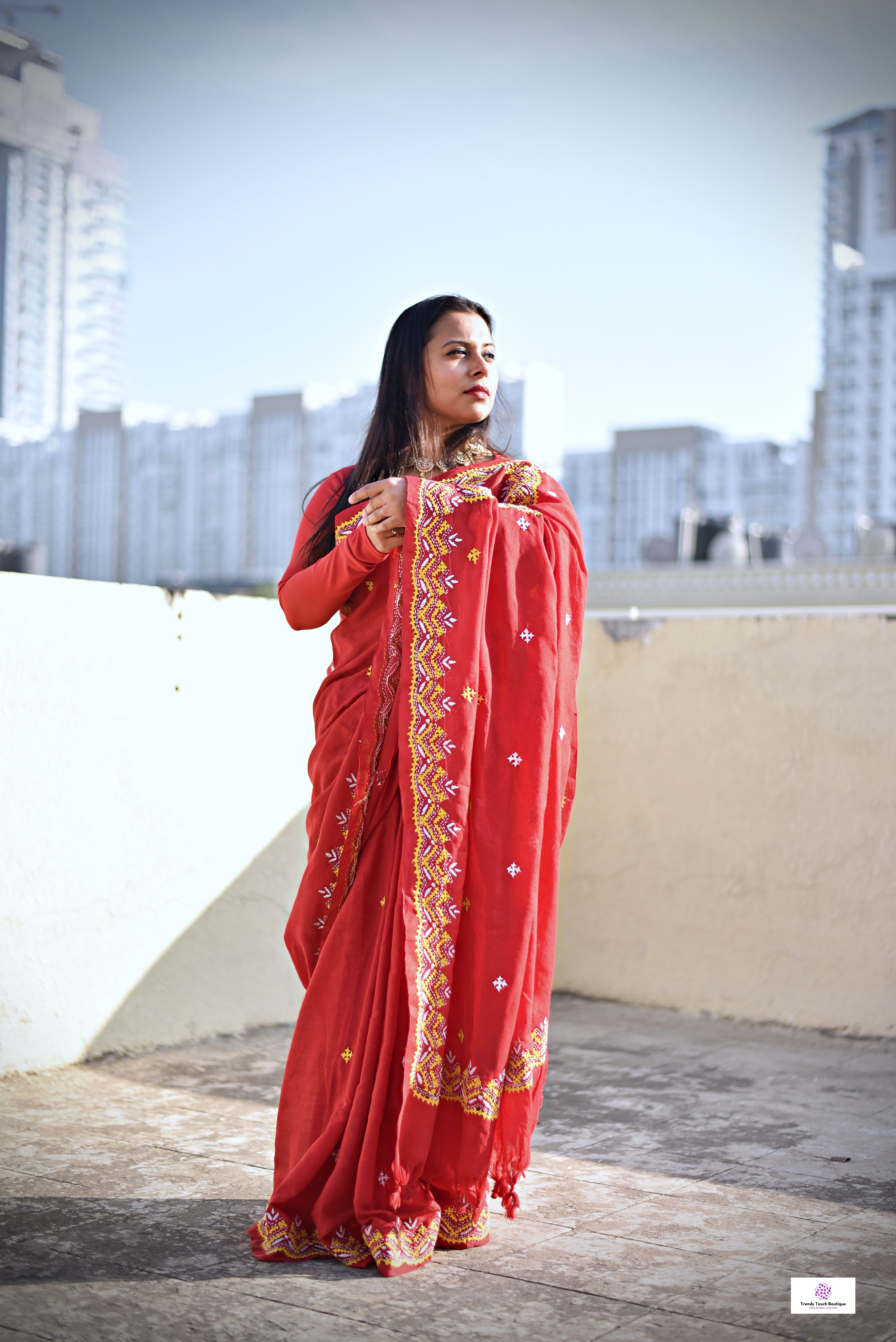 Kutch sindhi handembroidered red mulcotton saree bridal wear casual function wedding with blouse piece best price