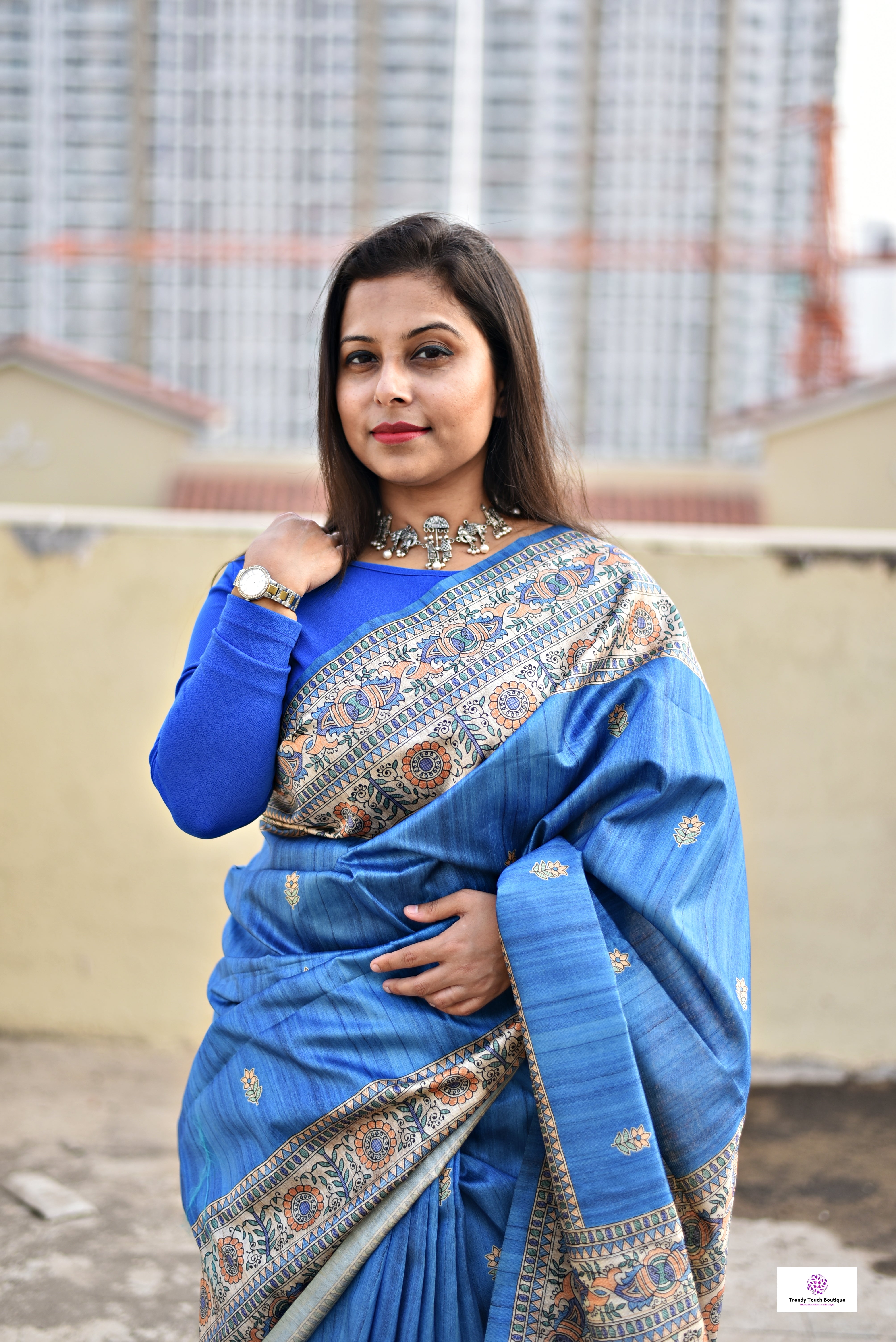 Neel Nadi - Madhubani Print - Semi Ghicha Silk Saree