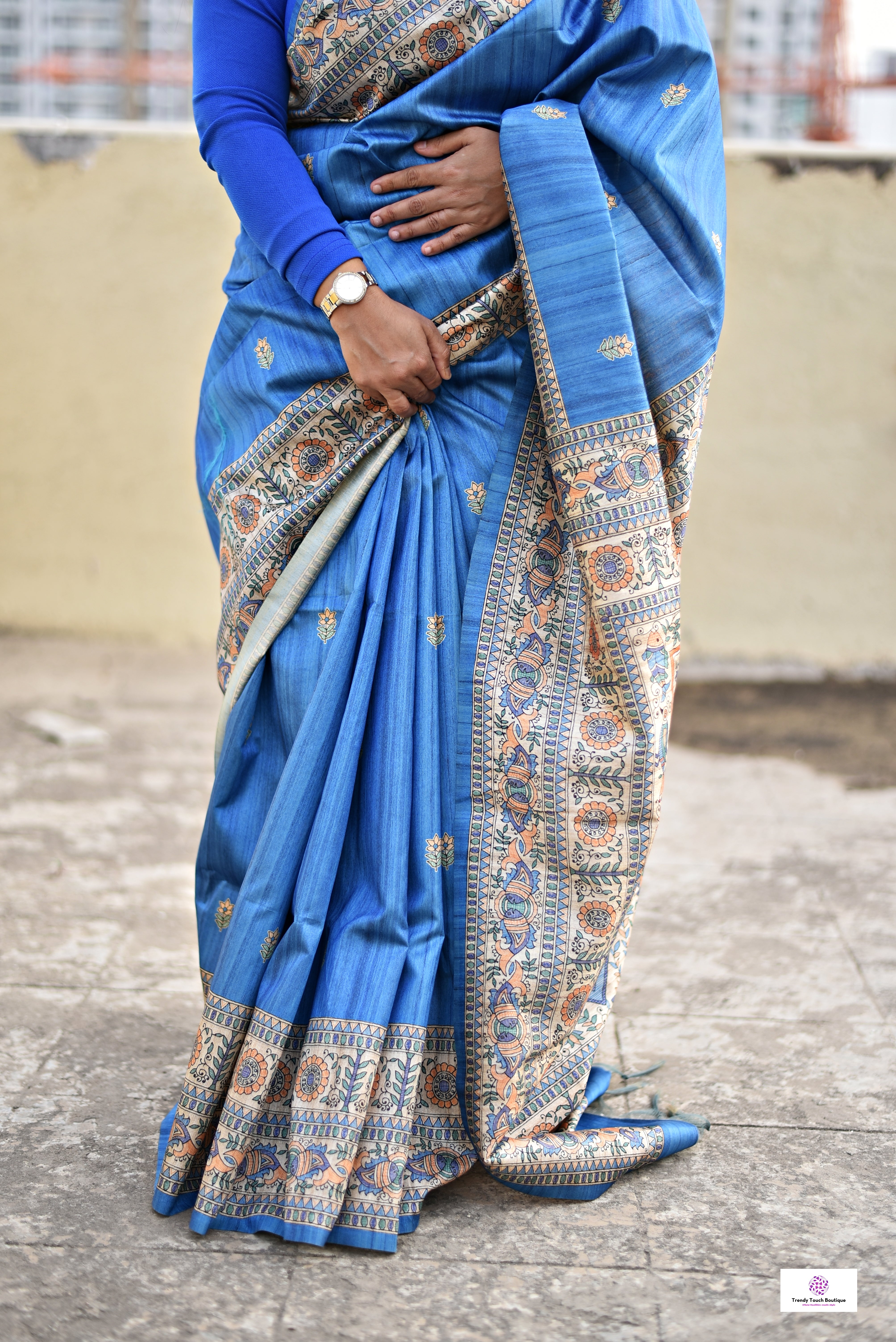 semi ghicha silk blue madhubani digital print saree for regular wear and casual function office for women with blouse piece and best price