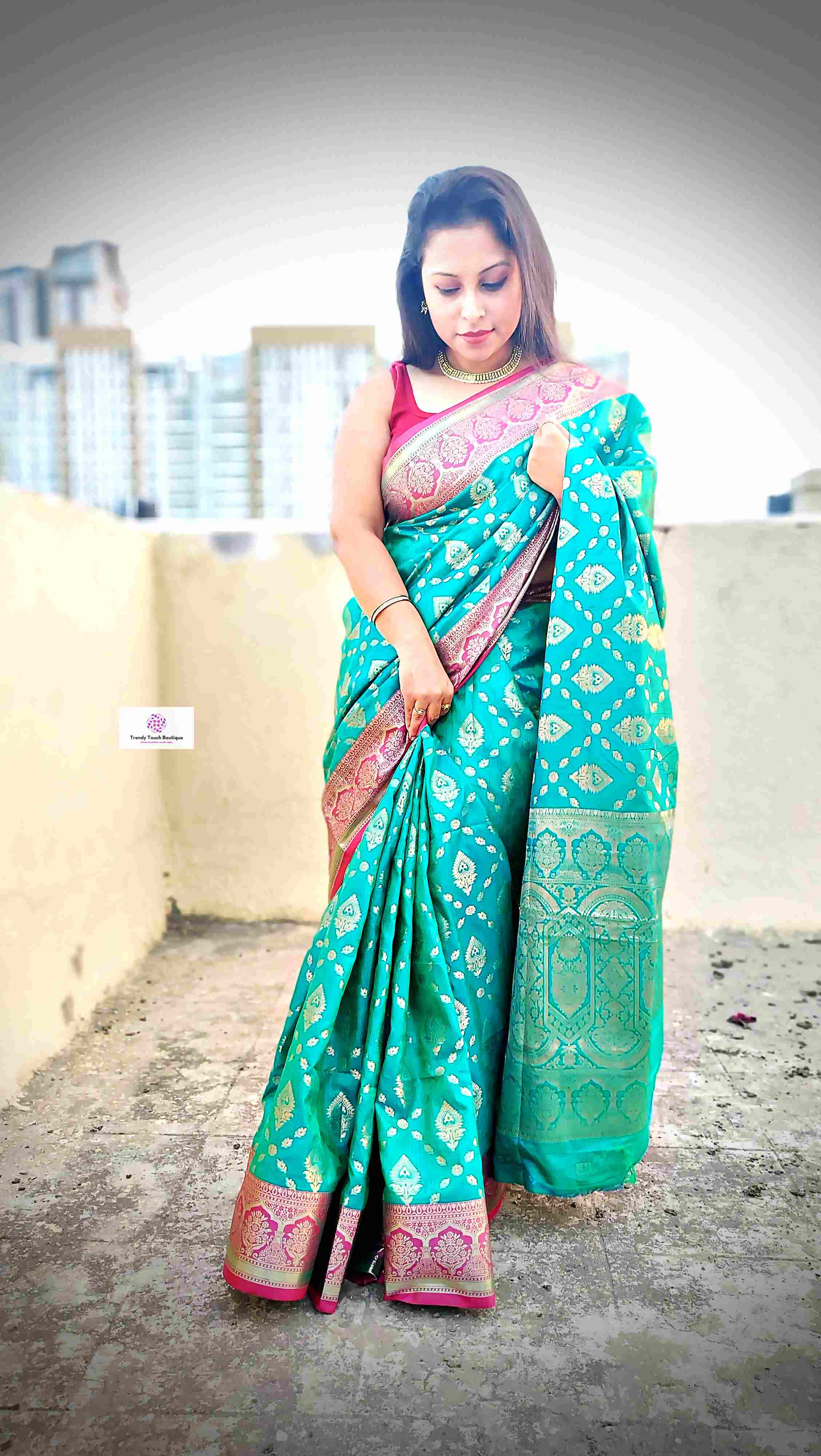 shop saree online teal green and pink silk festive wear saree with blouse piece