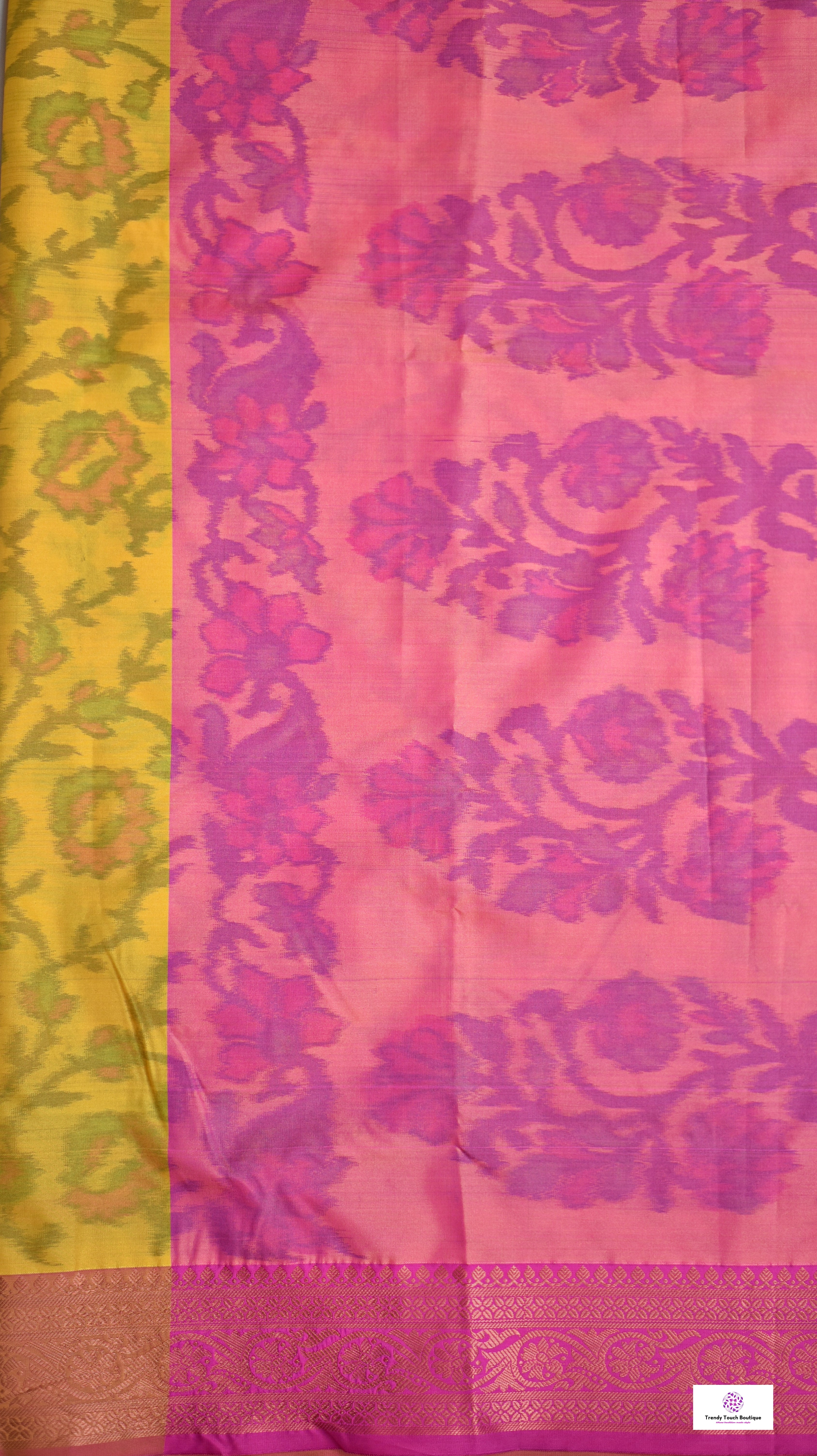 digital ikkat style soft silk yellow pink saree for puja and special functions marriage haldi ceremonies with blouse piece best price