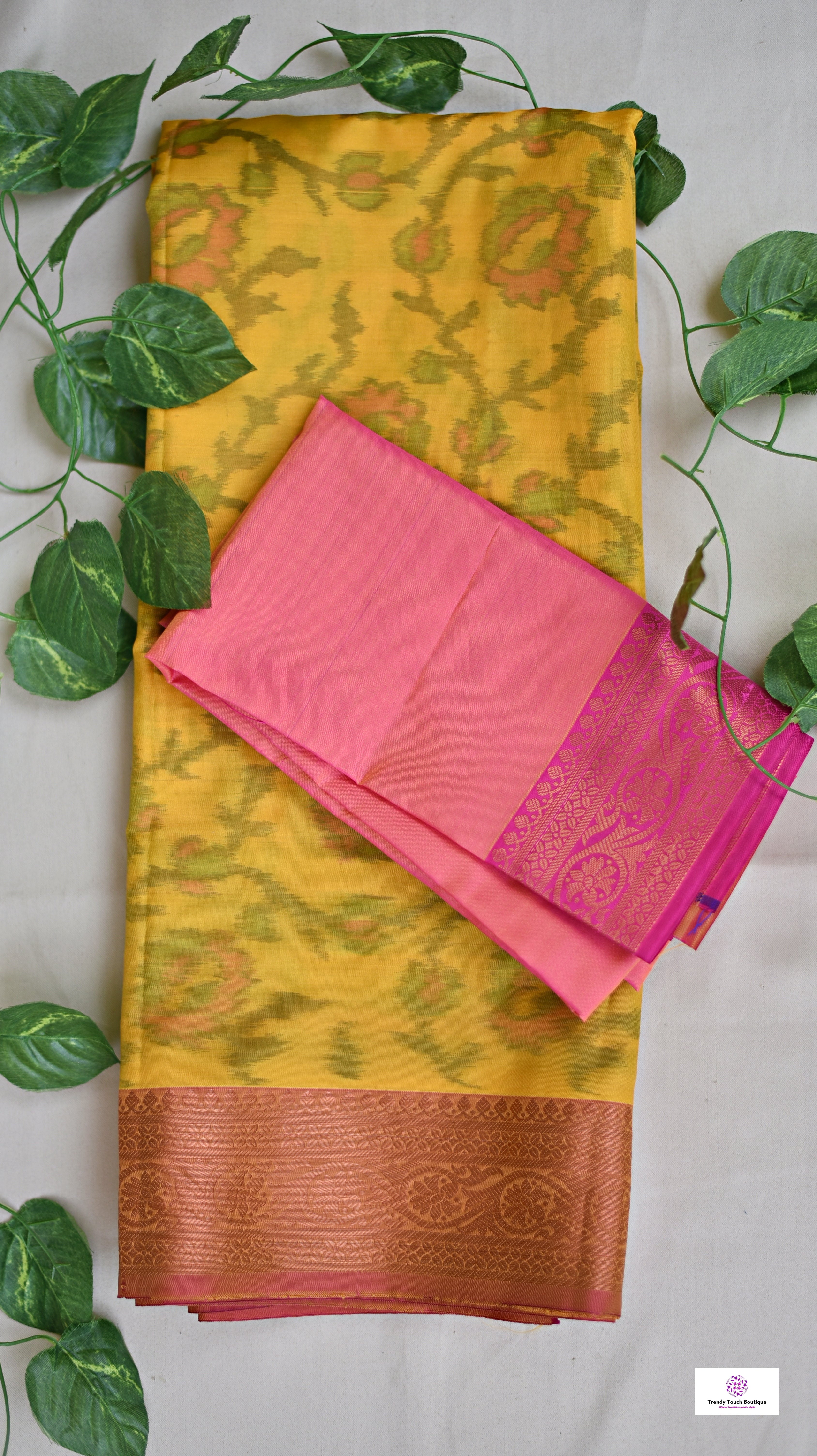 digital ikkat style soft silk yellow pink saree for puja and special functions marriage haldi ceremonies with blouse piece best price