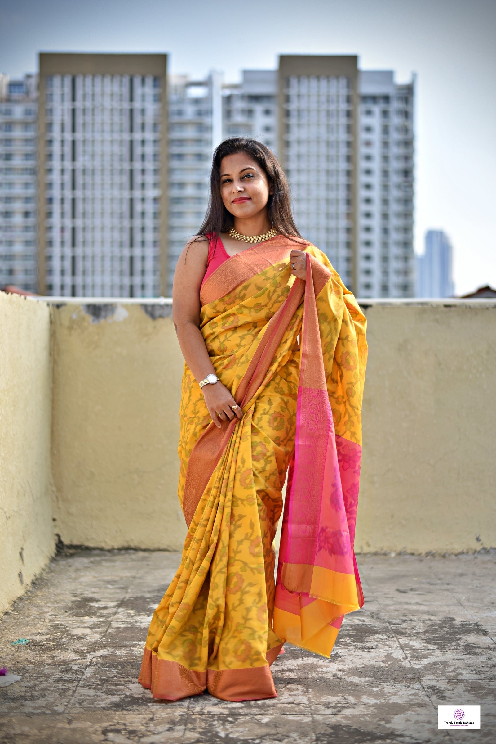 digital ikkat style soft silk yellow pink saree for puja and special functions marriage haldi ceremonies with blouse piece best price