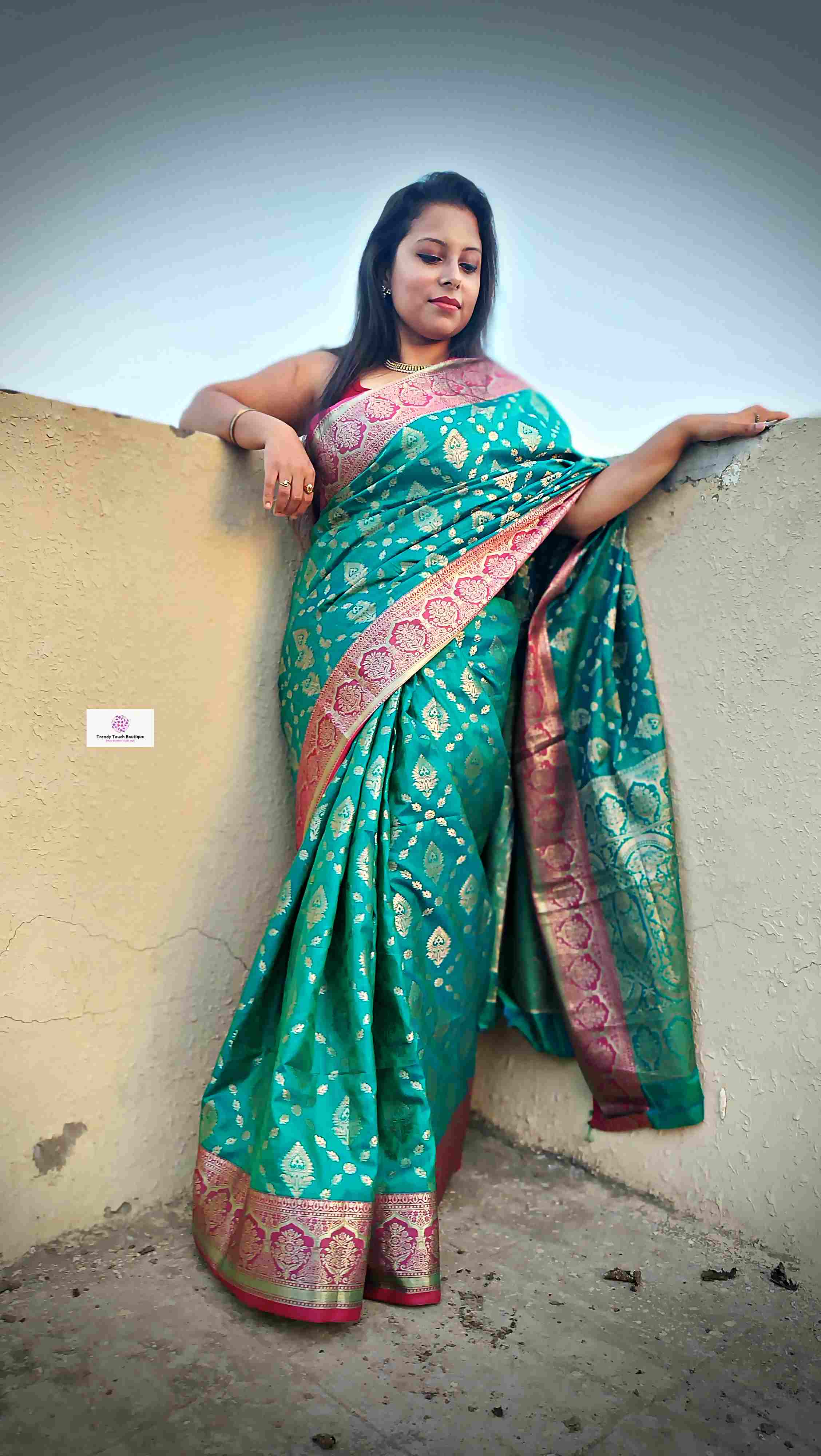 shop saree online teal green and pink silk festive wear saree with blouse piece festive gift best price
