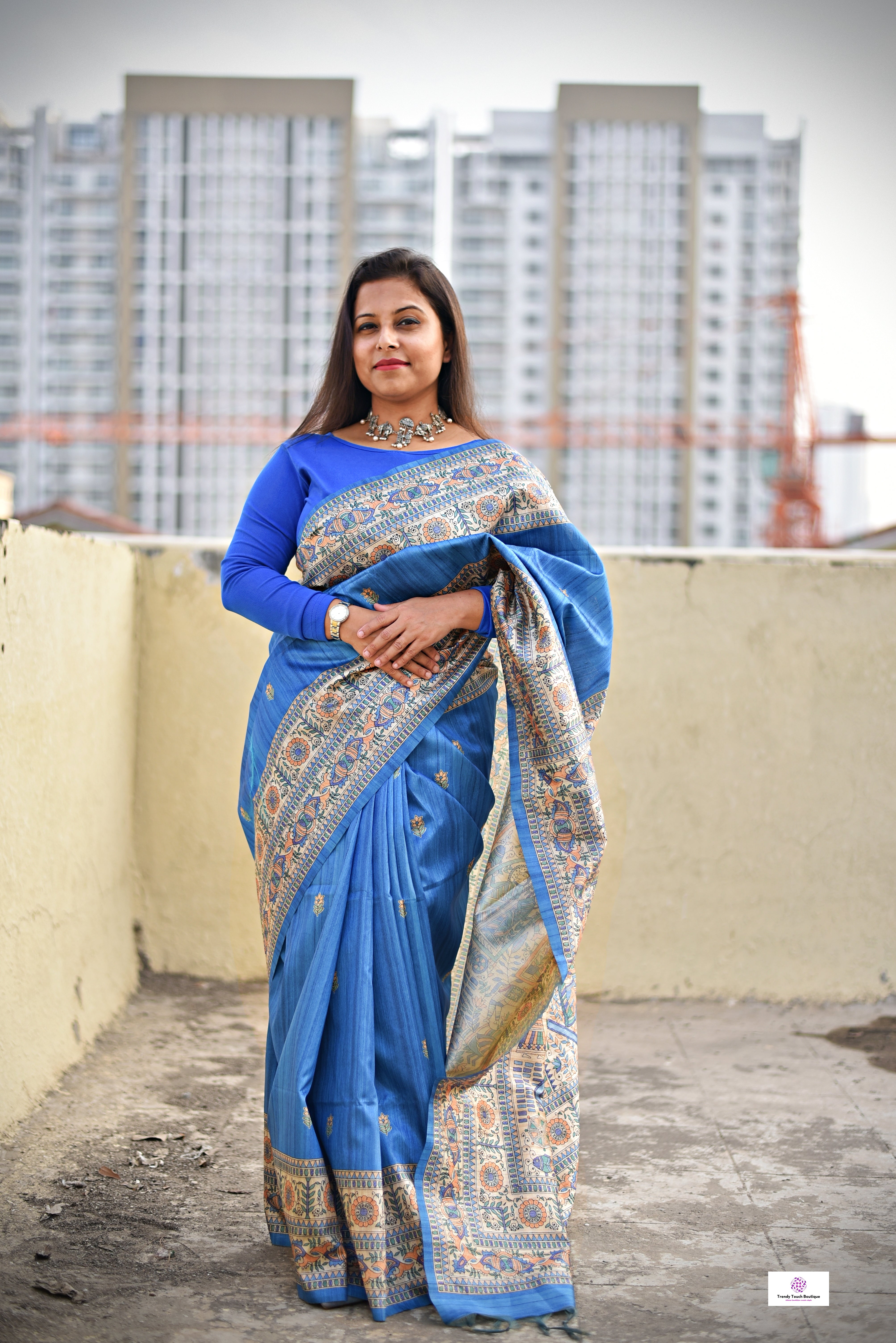 Neel Nadi - Madhubani Print - Semi Ghicha Silk Saree