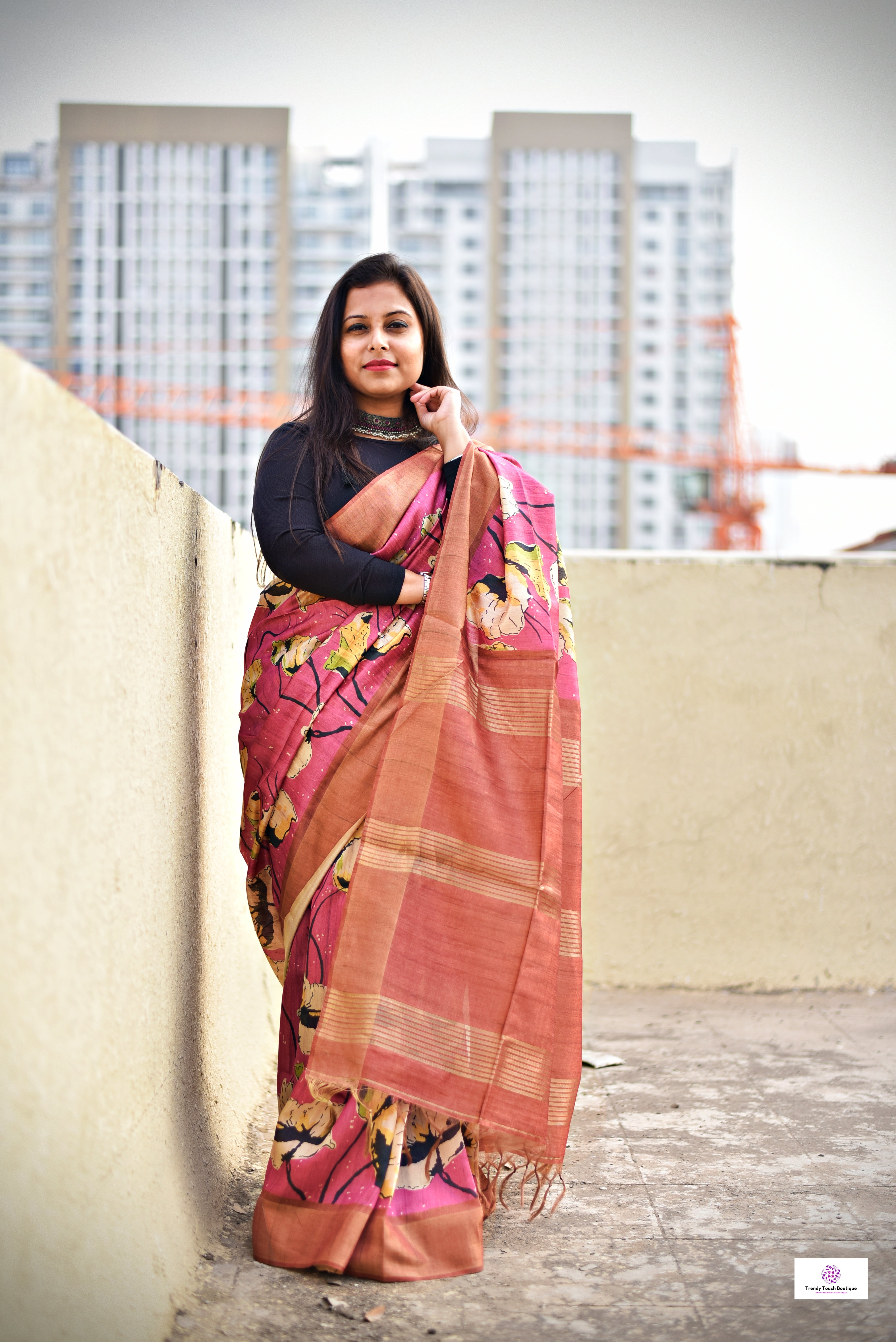 Pink semi tussar silk saree with floral digital print for regular wear and casual function office for women with blouse piece and best price