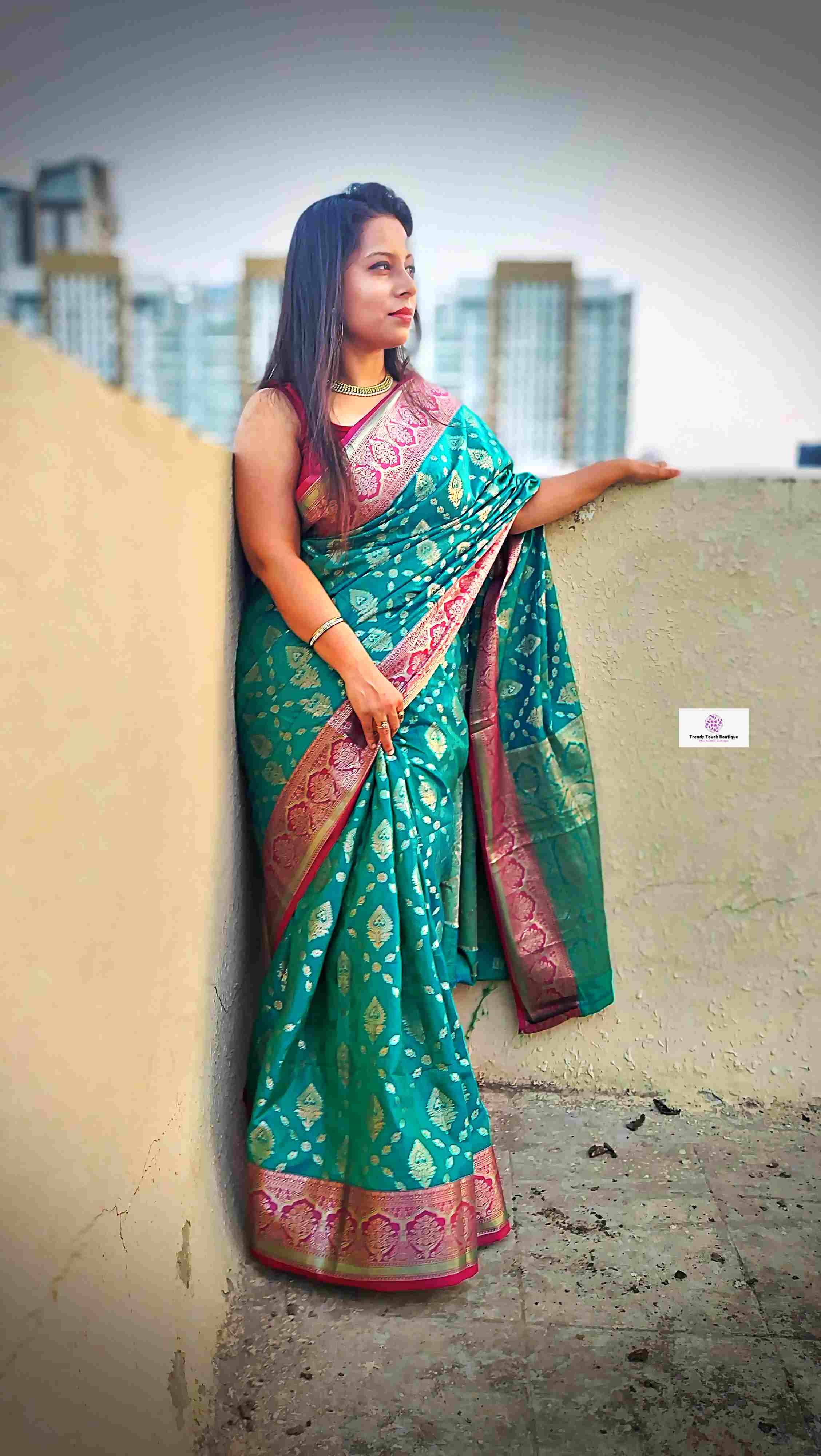 shop saree online teal green and pink silk festive wear saree with blouse piece festive gift best price